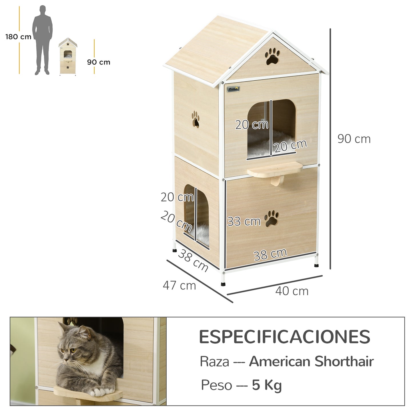 PawHut Caseta para Gatos de Madera Casa para Gatos de 2 Niveles Estilo Cabaña con 2 Cojines Lavables y Plataforma Lateral 47x40x90 cm Natural