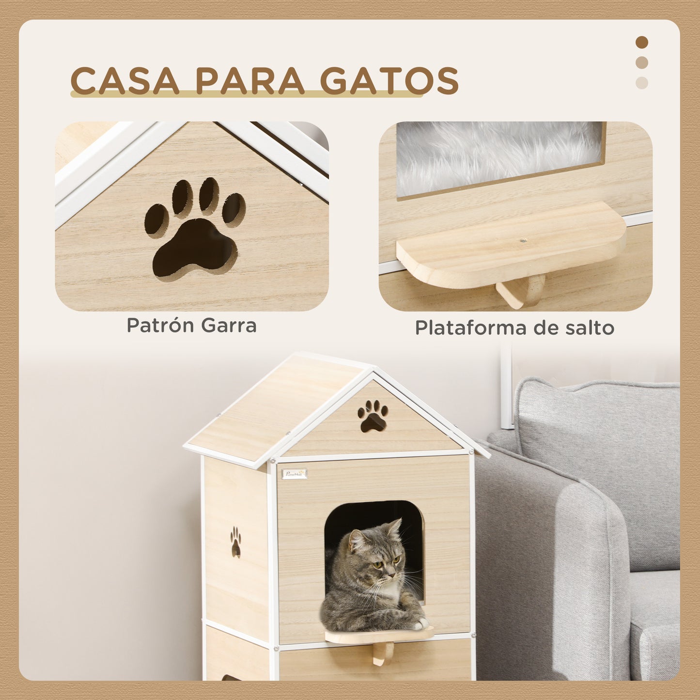 PawHut Caseta para Gatos de Madera Casa para Gatos de 2 Niveles Estilo Cabaña con 2 Cojines Lavables y Plataforma Lateral 47x40x90 cm Natural