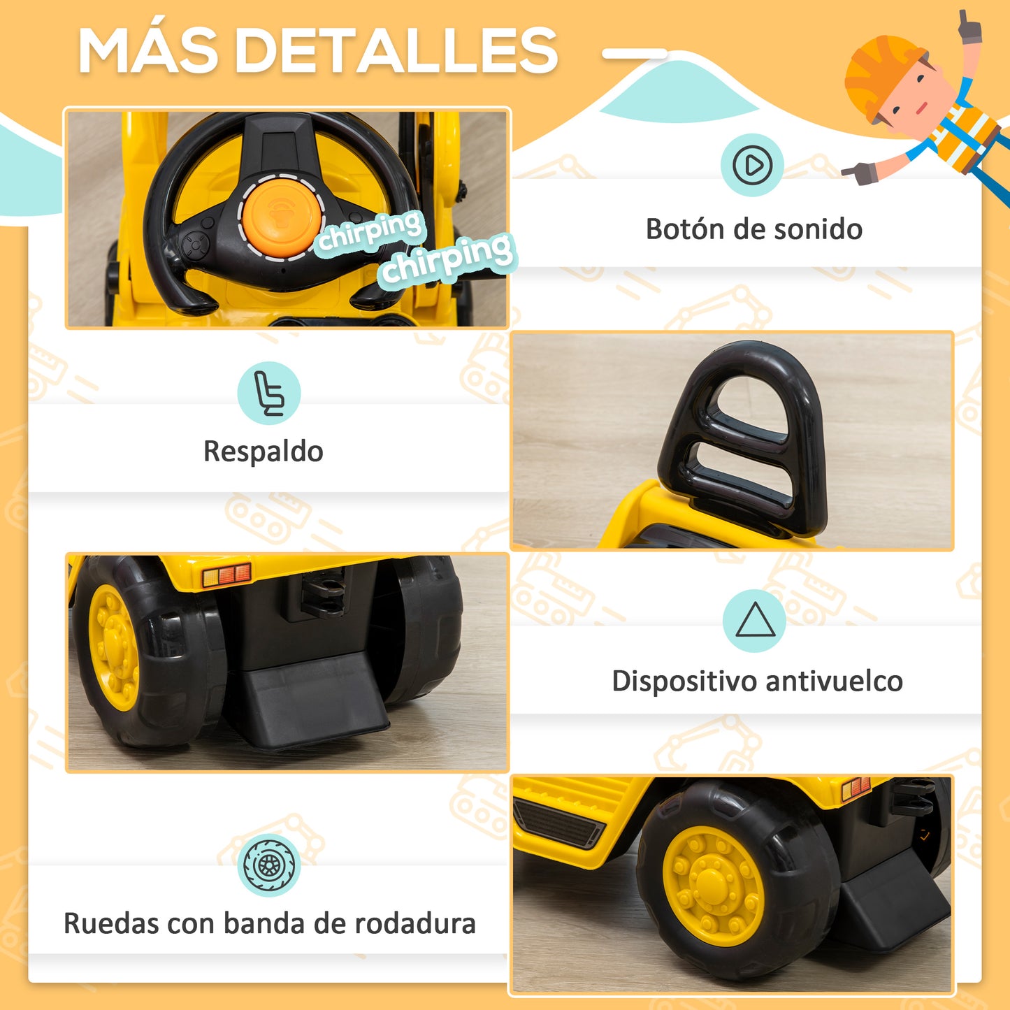 HOMCOM Tractor sin Pedales para Niños de +3 Años Excavadora Correpasillos Tractor Correpasillos con Pala Móvil Asiento de Almacenamiento y Bocina Carga 30 kg 83x27x39 cm Amarillo