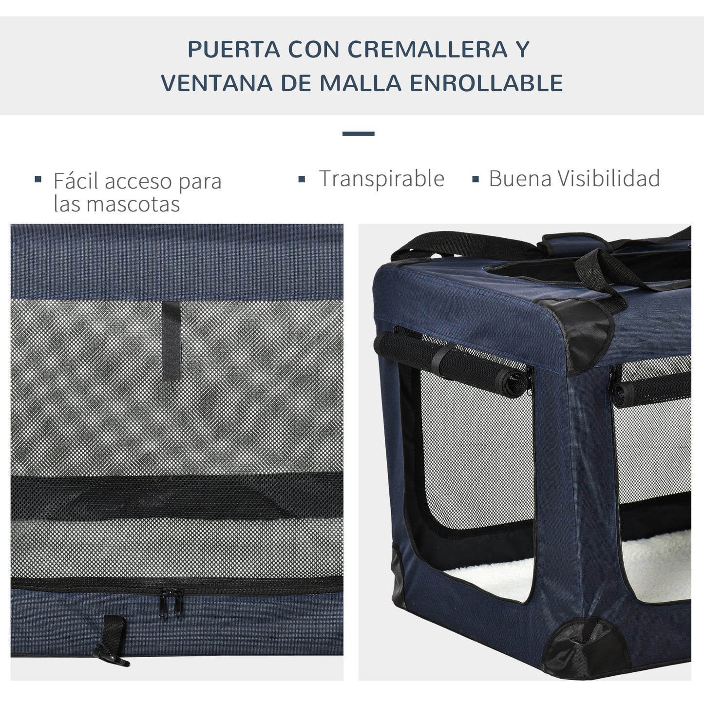 PawHut Transportín Perro Gato Bolsa de Transporte Portátil y Transpirable para Mascotas Plegable con Cojín 3 Puertas y Ventana de Malla 2 Bolsillos 80,5x57x57 cm Azul Oscuro