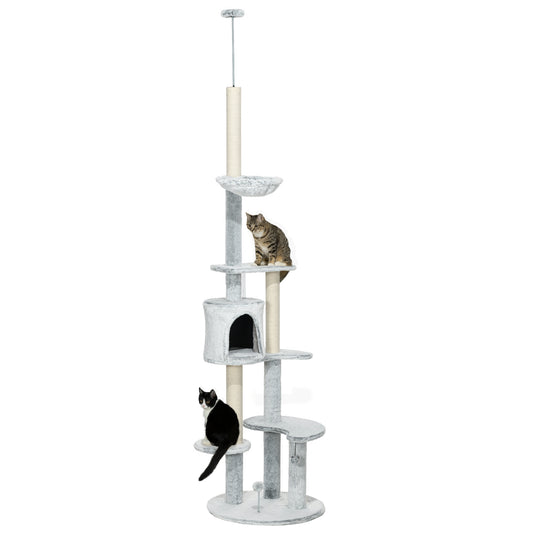 PawHut Árbol para Gatos de Suelo a Techo de 225-255 cm Torre para Gatos Ajustable en Altura con Cueva Plataformas Hamaca Postes Rascadores y Bolas Colgantes Ø60x225-255 cm Gris