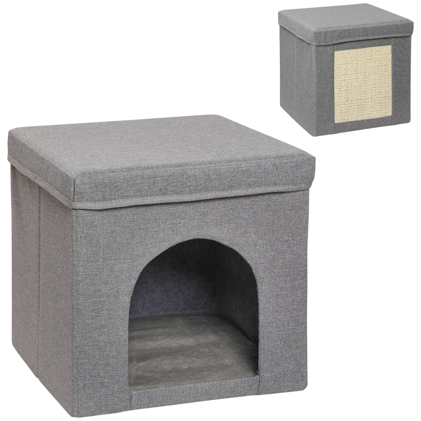 PawHut Casa para Gatos Cama para Gatos Casita para Gatos con Tablero de Rascar y Puerta para Interior 36,5x36,5x36,5 cm Gris