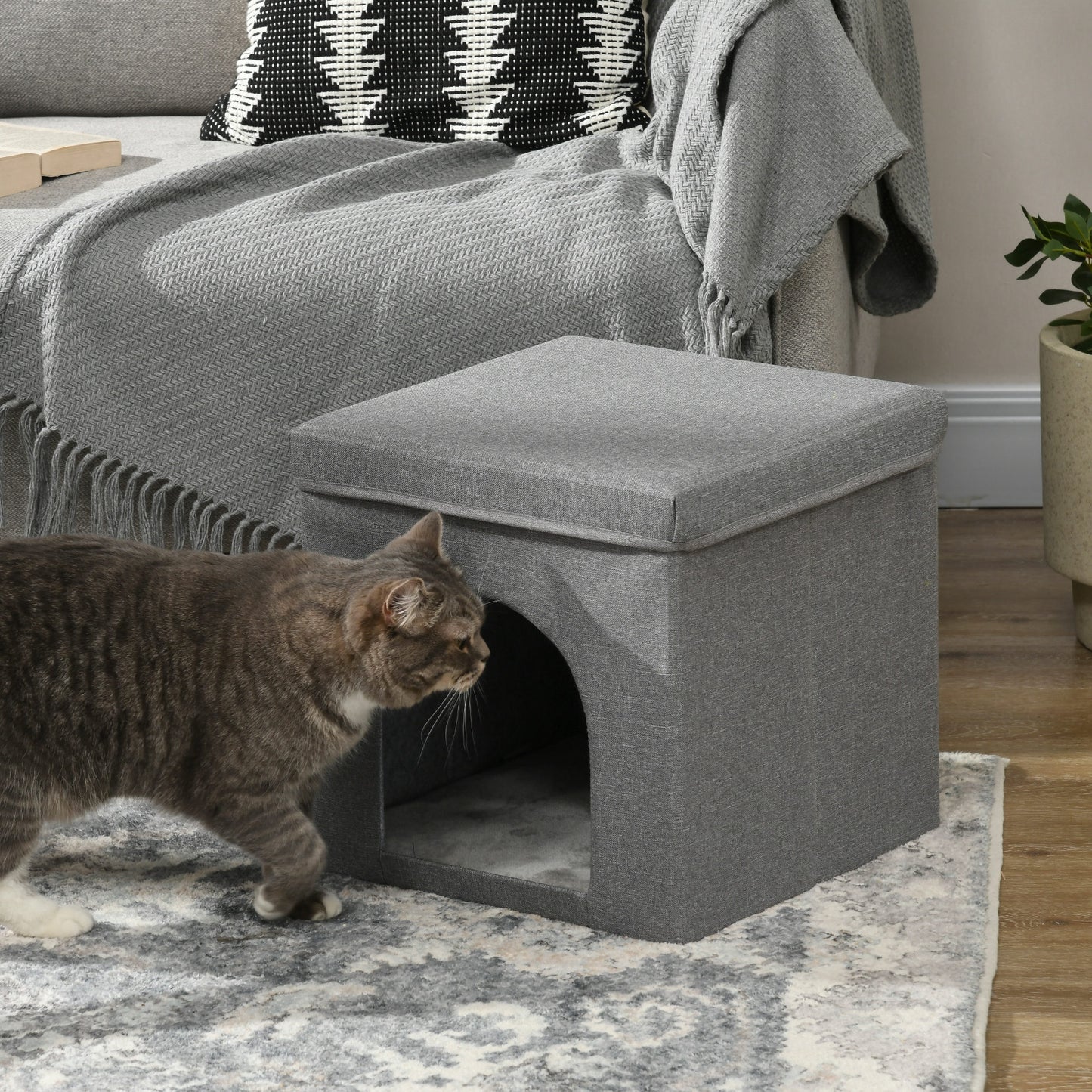 PawHut Casa para Gatos Cama para Gatos Casita para Gatos con Tablero de Rascar y Puerta para Interior 36,5x36,5x36,5 cm Gris