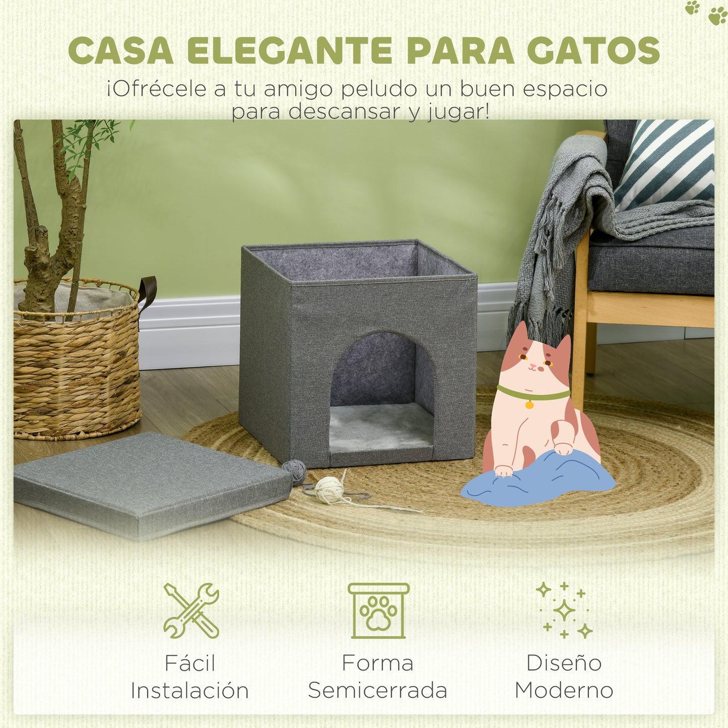 PawHut Casa para Gatos Cama para Gatos Casita para Gatos con Tablero de Rascar y Puerta para Interior 36,5x36,5x36,5 cm Gris