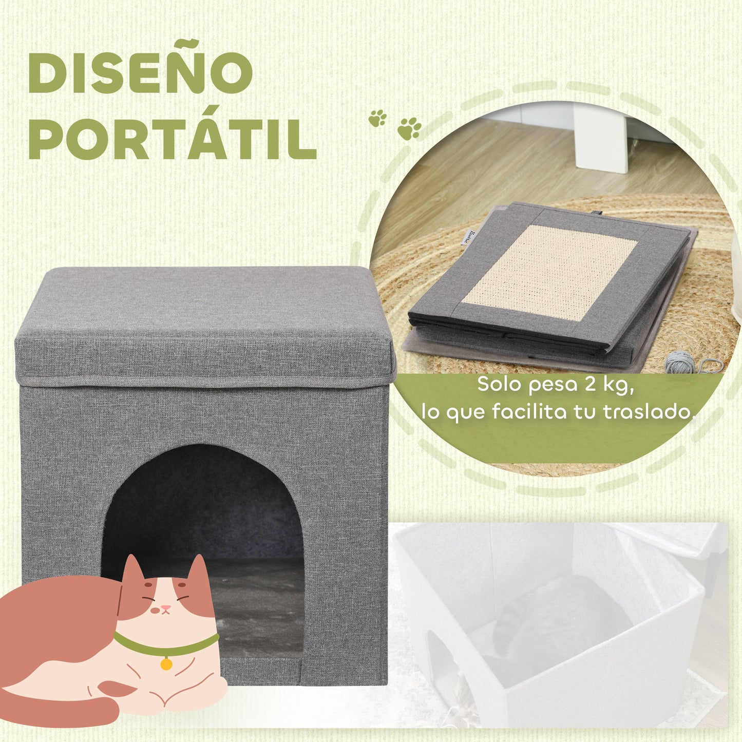 PawHut Casa para Gatos Cama para Gatos Casita para Gatos con Tablero de Rascar y Puerta para Interior 36,5x36,5x36,5 cm Gris