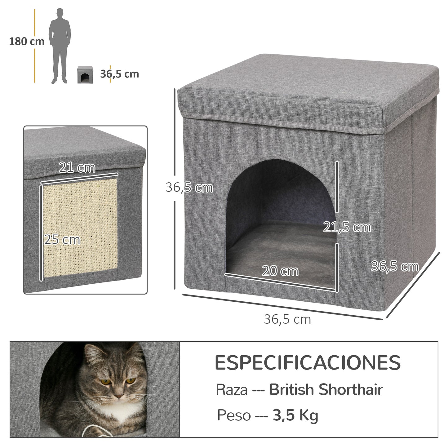 PawHut Casa para Gatos Cama para Gatos Casita para Gatos con Tablero de Rascar y Puerta para Interior 36,5x36,5x36,5 cm Gris