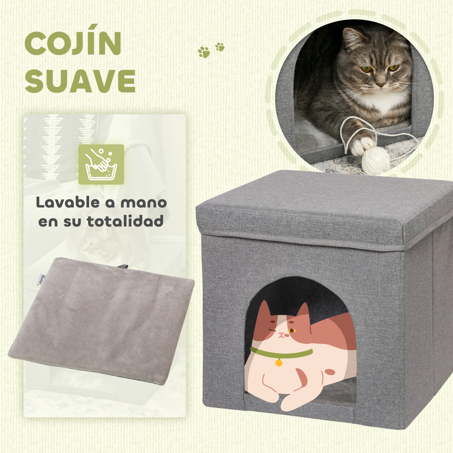 PawHut Casa para Gatos Cama para Gatos Casita para Gatos con Tablero de Rascar y Puerta para Interior 36,5x36,5x36,5 cm Gris