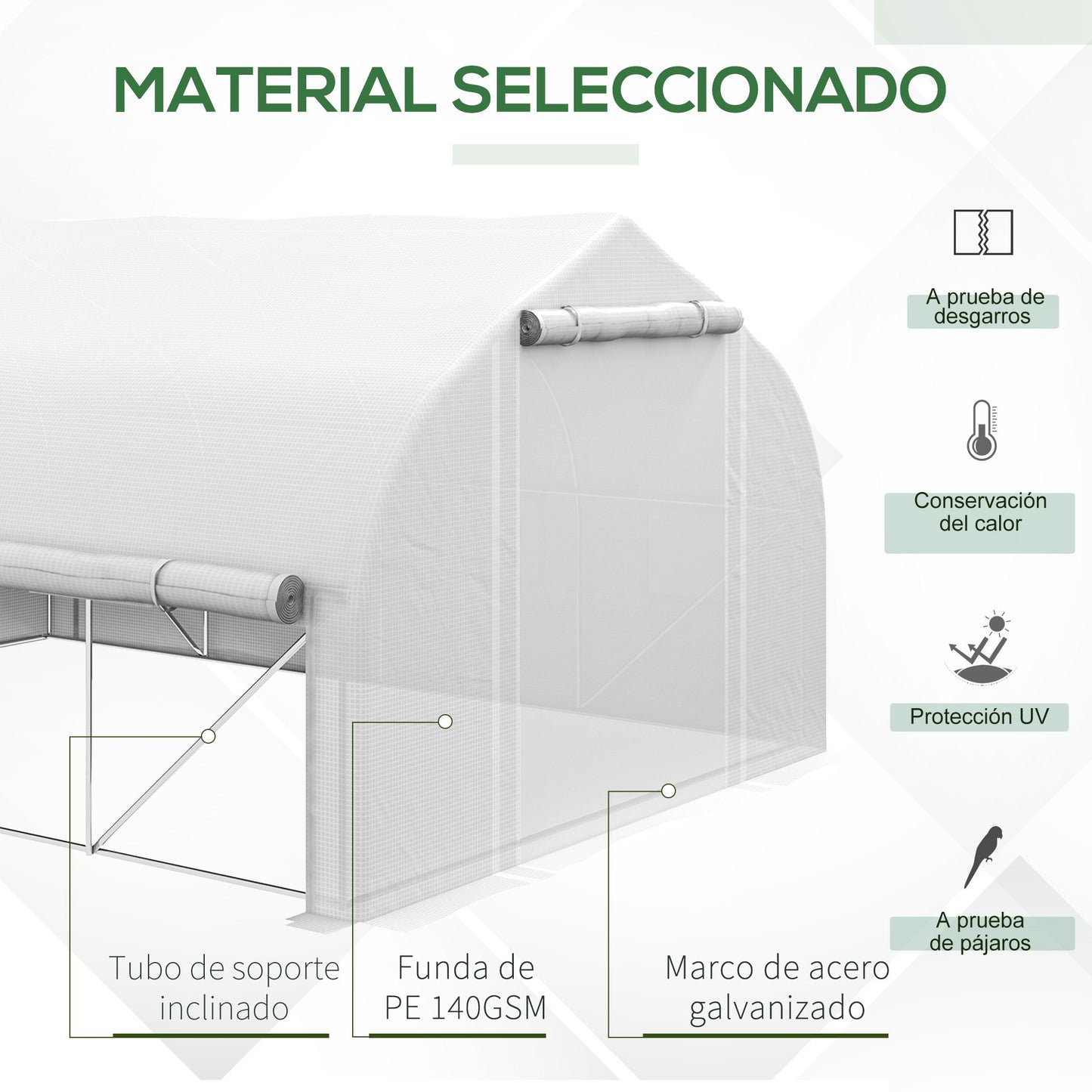 Outsunny Invernadero de Túnel 4x3x2 m Invernadero de Jardín con Puerta de Malla y 8 Ventanas Invernadero de Huerto con Techo Puntiagudo Persianas y Enrollables para Cultivos Plantas Verduras Blanco