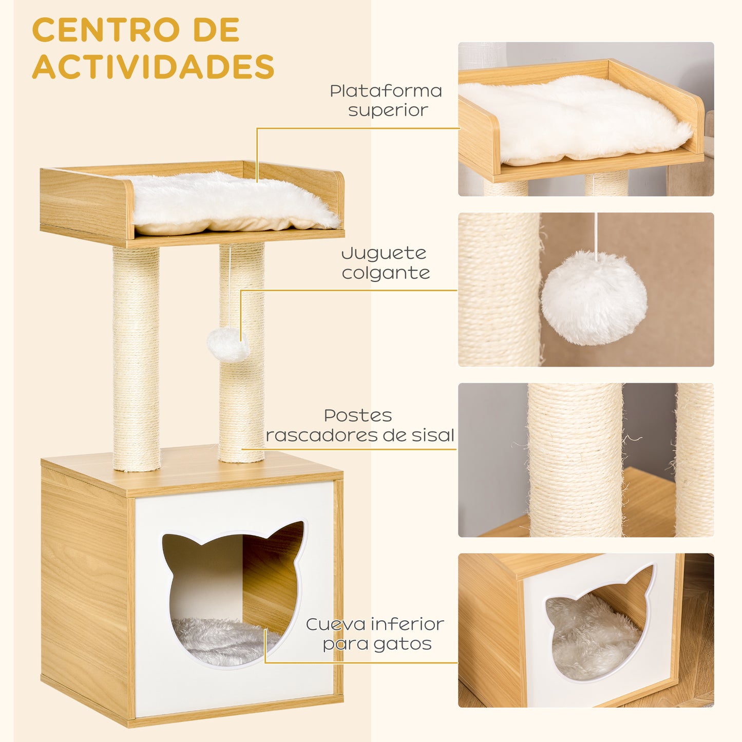 PawHut Conjunto para Gatos Juego de Casa para Gatos de 2 Niveles con Cama Superior Cojines Lavables y Estantes para Gatos 3 Piezas de Pared con Hamaca 35x35x81 cm Roble