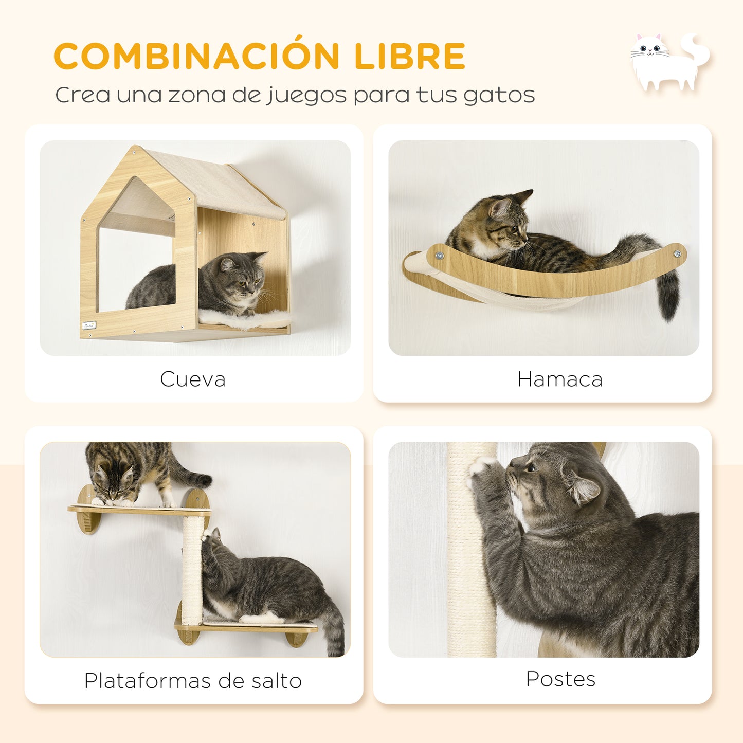 PawHut Conjunto para Gatos Juego de Casa para Gatos de 2 Niveles con Cama Superior Cojines Lavables y Estantes para Gatos 3 Piezas de Pared con Hamaca 35x35x81 cm Roble