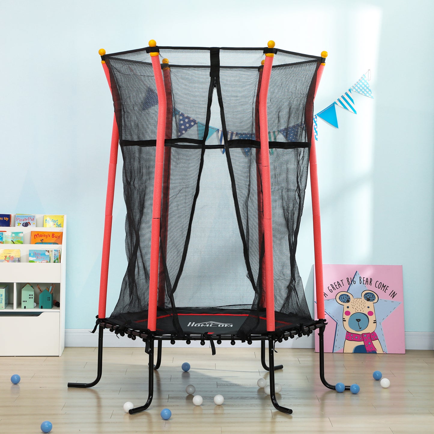 HOMCOM Cama Elástica Infantil de Jardín Ø163,5x190 cm Trampolín para Niños de +3 Años con Red de Seguridad y Marco de Acero para Interior Exterior Carga 50 kg Negro y Rojo