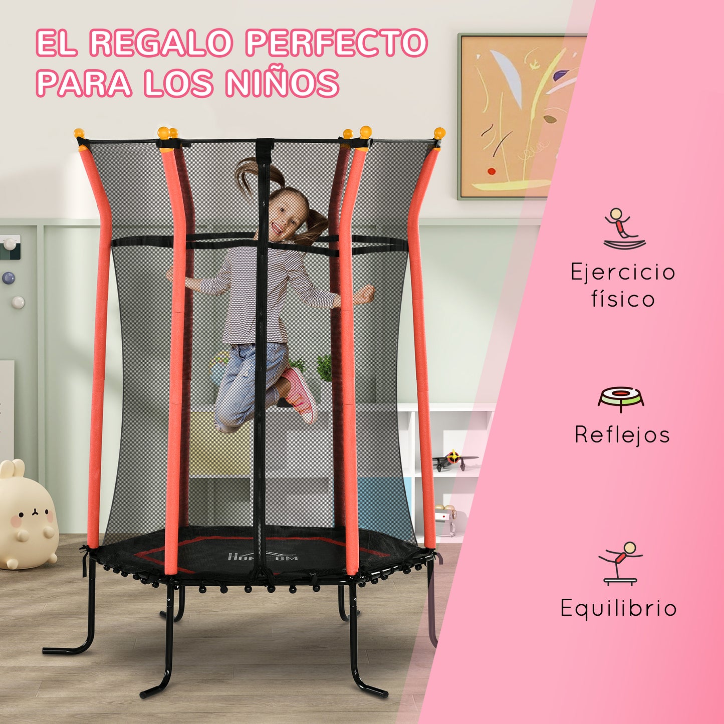 HOMCOM Cama Elástica Infantil de Jardín Ø163,5x190 cm Trampolín para Niños de +3 Años con Red de Seguridad y Marco de Acero para Interior Exterior Carga 50 kg Negro y Rojo