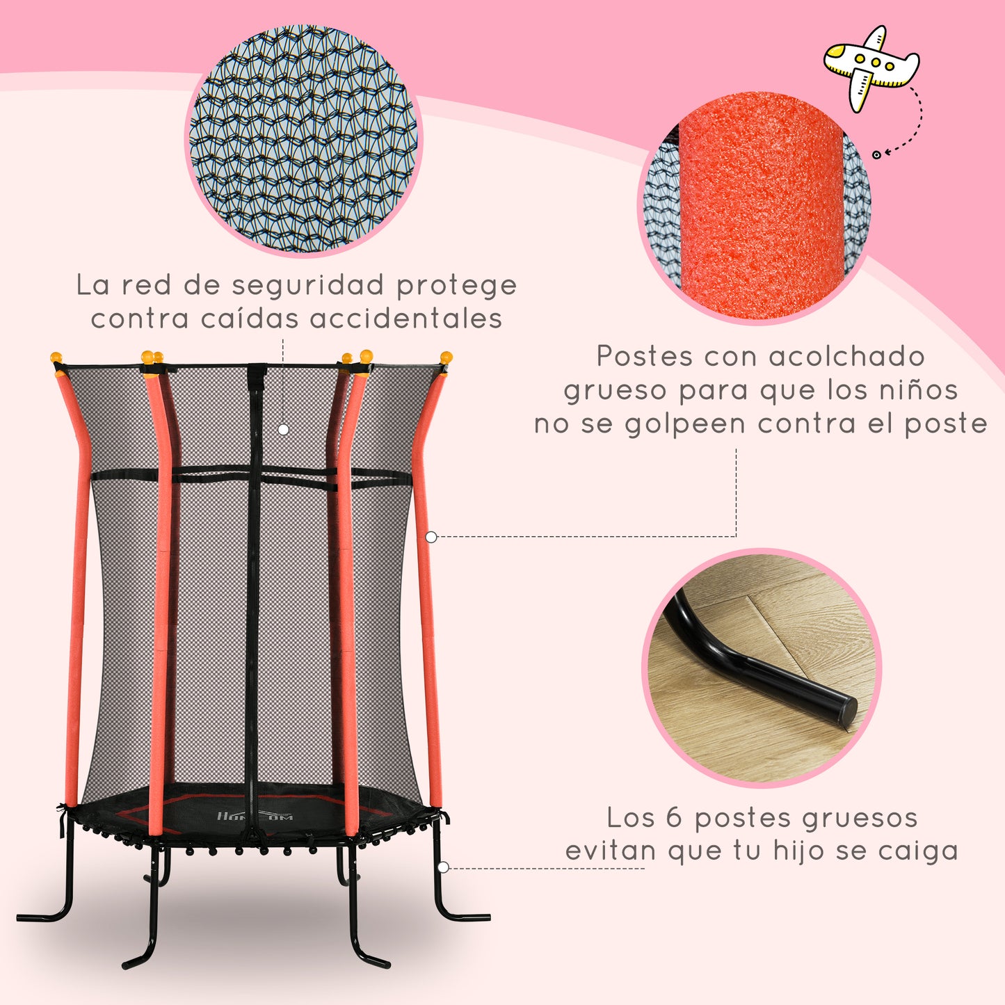 HOMCOM Cama Elástica Infantil de Jardín Ø163,5x190 cm Trampolín para Niños de +3 Años con Red de Seguridad y Marco de Acero para Interior Exterior Carga 50 kg Negro y Rojo