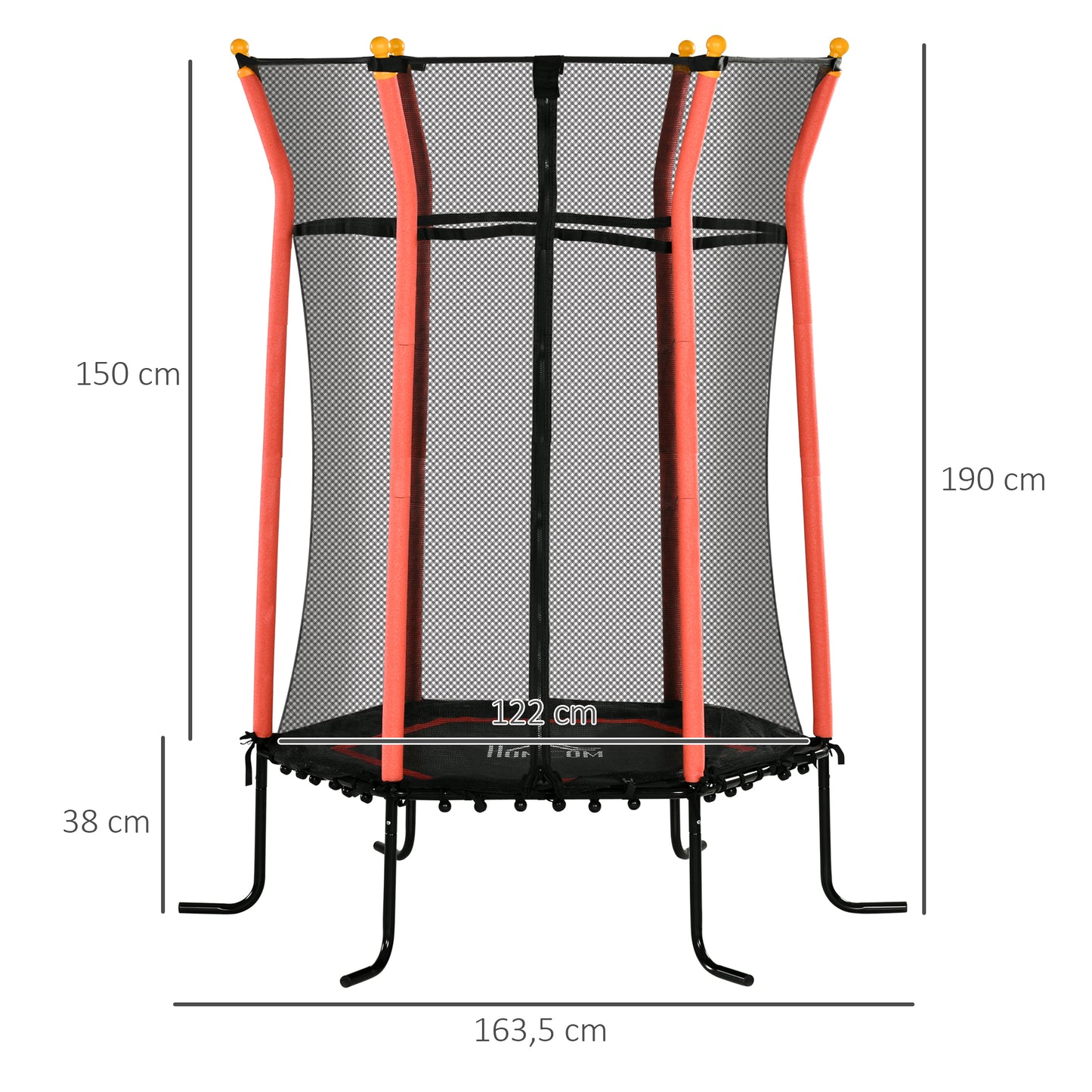 HOMCOM Cama Elástica Infantil de Jardín Ø163,5x190 cm Trampolín para Niños de +3 Años con Red de Seguridad y Marco de Acero para Interior Exterior Carga 50 kg Negro y Rojo