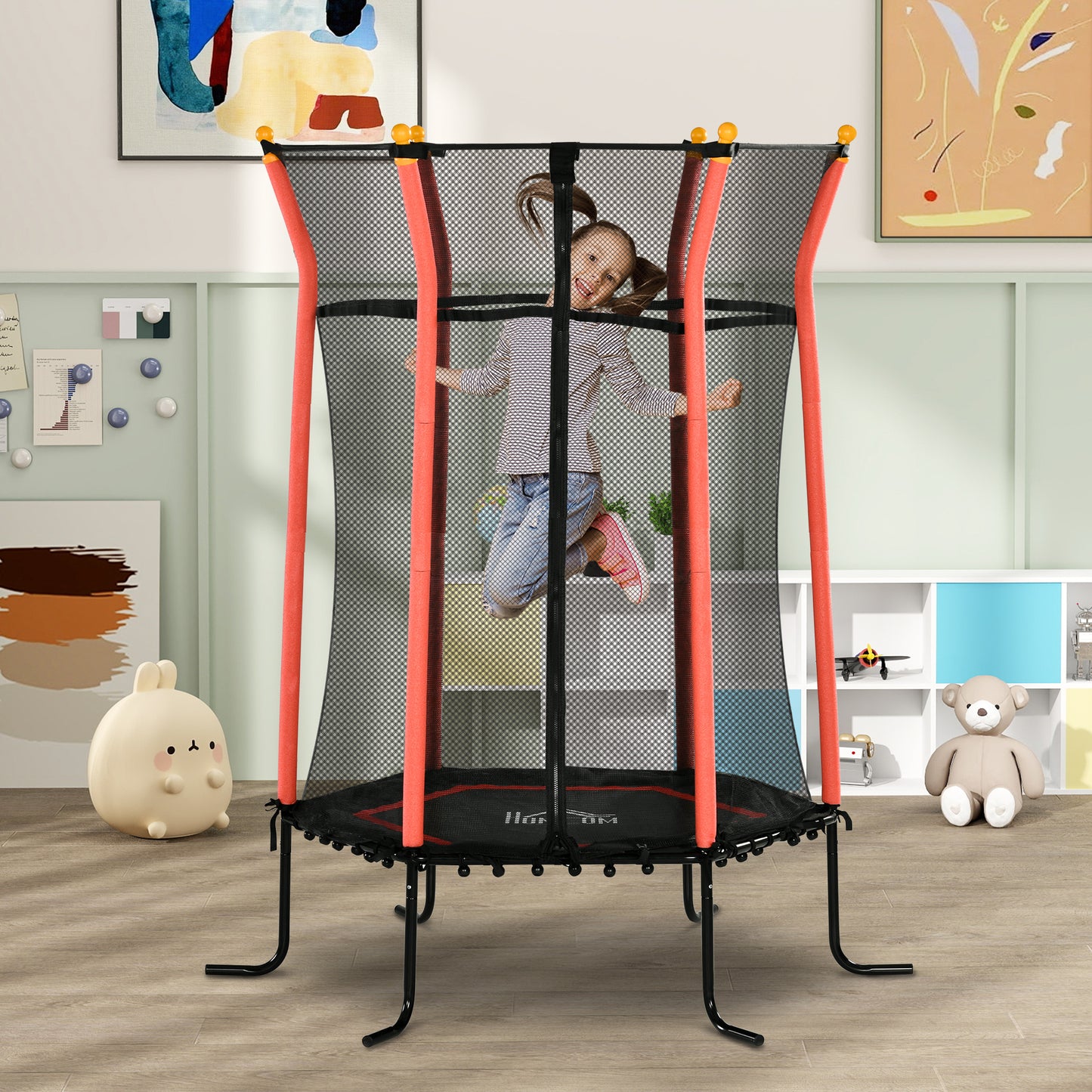 HOMCOM Cama Elástica Infantil de Jardín Ø163,5x190 cm Trampolín para Niños de +3 Años con Red de Seguridad y Marco de Acero para Interior Exterior Carga 50 kg Negro y Rojo