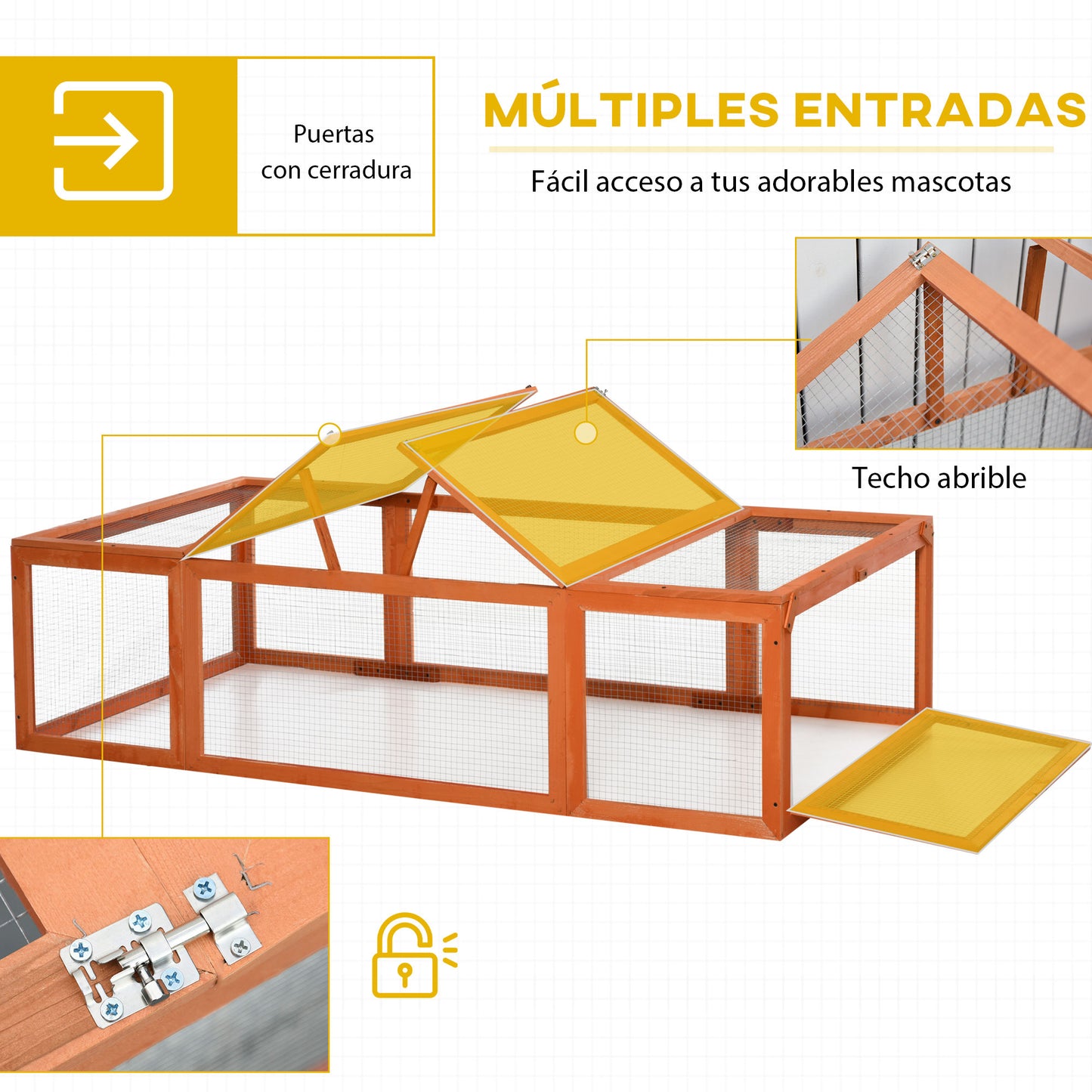 PawHut Conejera Exterior de Madera 180x90x48 cm Jaulas para Conejos Grande Casa para Animales Pequeños con 3 Puertas y Alambre de Metal Natural