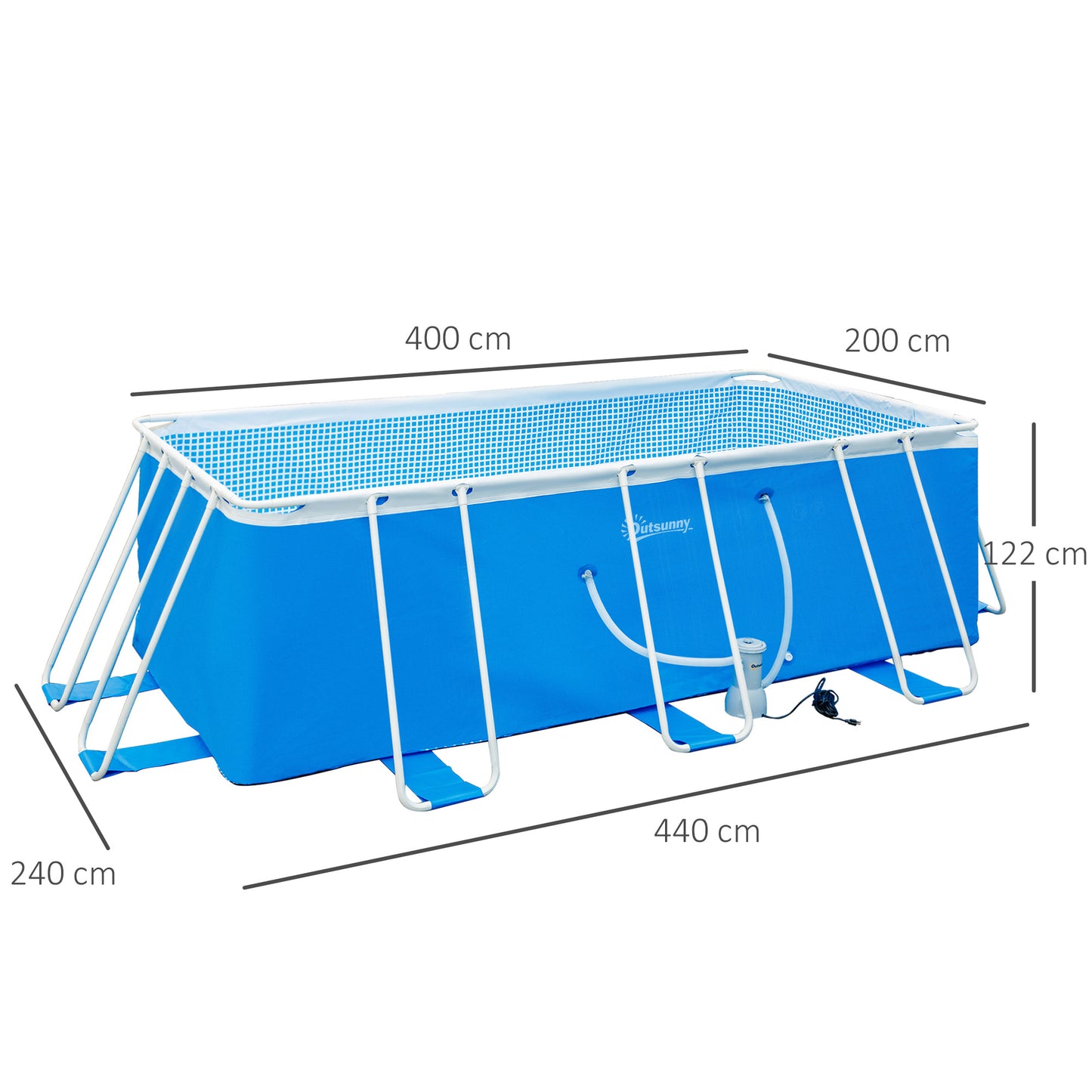 Outsunny Piscina Desmontable 440x240x122 cm Piscina Rectangular de Exterior con Depuradora de Cartucho 4,000 L/H y Marco de Acero 9760 L Azul