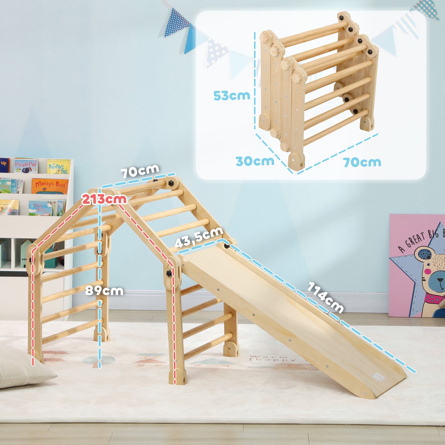 AIYAPLAY Escalada para Niños 3 en 1 Marco de Escalada Plegable para Niños de 18-48 Meses con Rampa para Deslizarse o Escalar 175x70x89 cm Multicolor