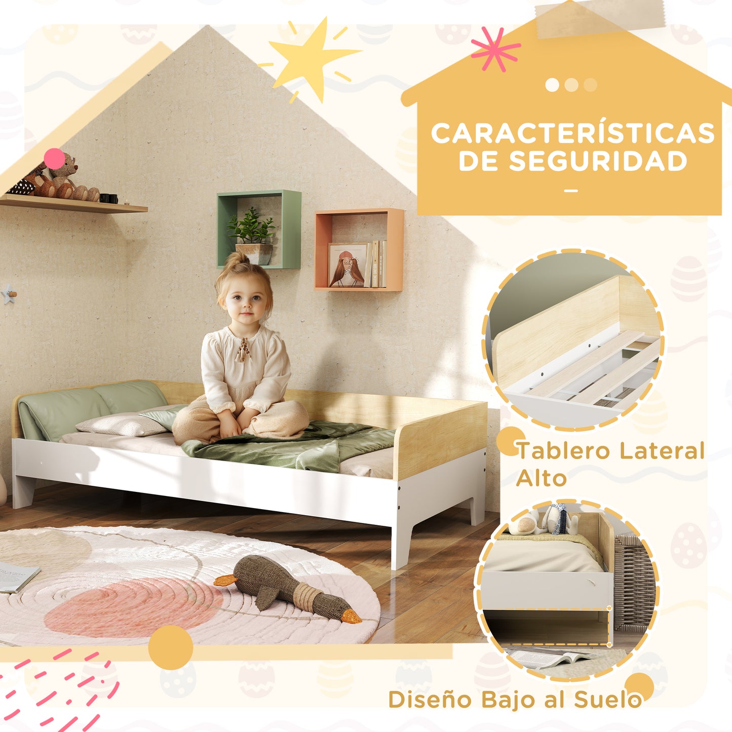 AIYAPLAY Cama para Niños de +3 Años 140x70 cm Cama Infantil de Madera Carga 80 kg para Dormitorio Blanco y Natural