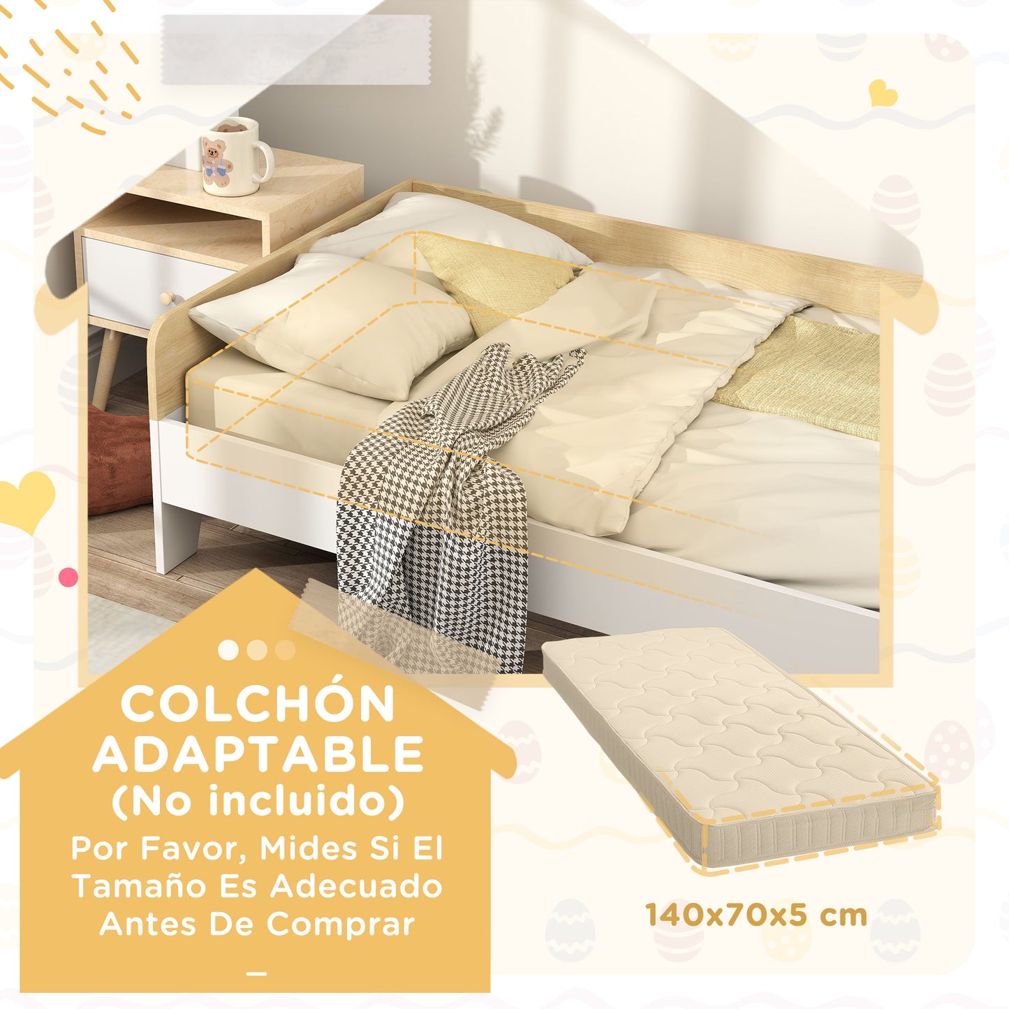 AIYAPLAY Cama para Niños de +3 Años 140x70 cm Cama Infantil de Madera Carga 80 kg para Dormitorio Blanco y Natural