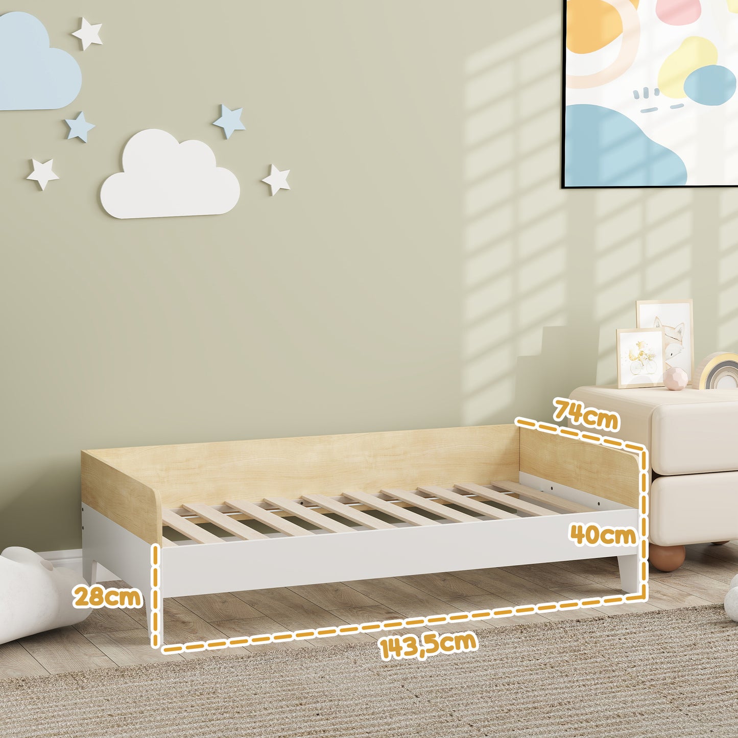 AIYAPLAY Cama para Niños de +3 Años 140x70 cm Cama Infantil de Madera Carga 80 kg para Dormitorio Blanco y Natural