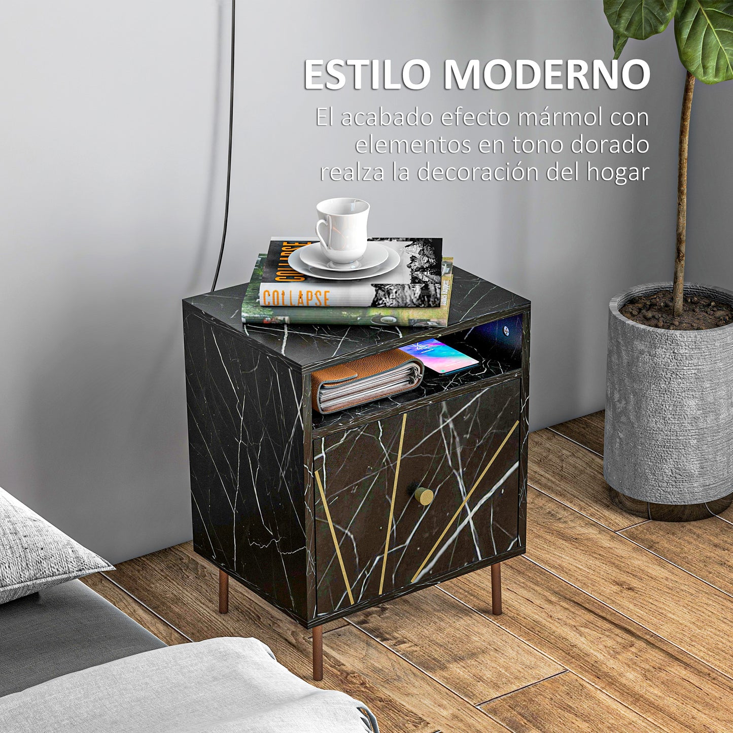 HOMCOM Mesita de Noche Moderna Mesilla de Noche con Efecto Mármol Compartimiento Abierto y Cajón Mesa de Noche para Dormitorio 39x30x50 cm Negro