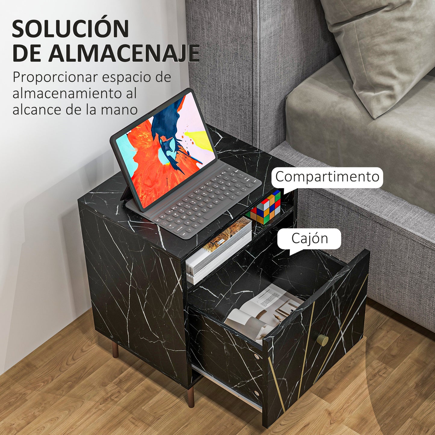 HOMCOM Mesita de Noche Moderna Mesilla de Noche con Efecto Mármol Compartimiento Abierto y Cajón Mesa de Noche para Dormitorio 39x30x50 cm Negro