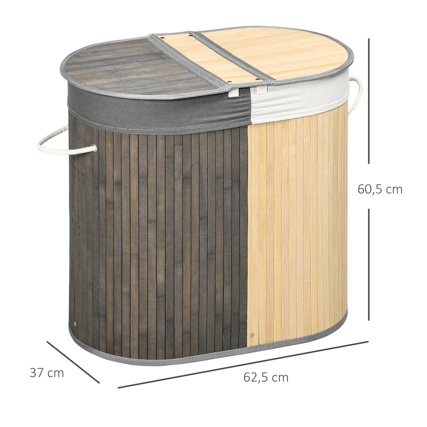 HOMCOM Cesto para Ropa Sucia de Bambú Capacidad de 100L Cesta para la Colada con Tapa Abatible y Bolsa de 2 Compartimentos Extraíble 62,5x37x60,5 cm Gris y Natural