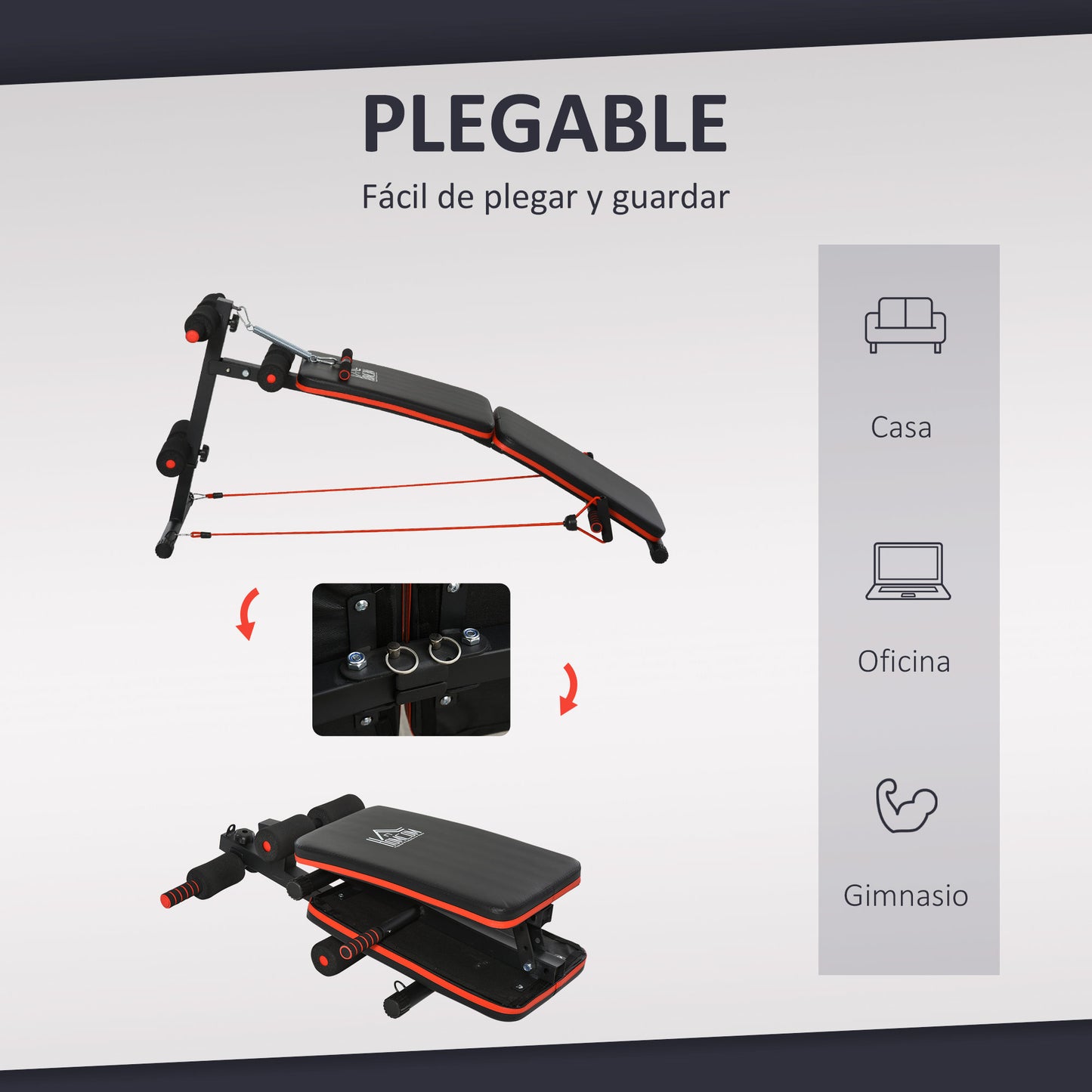 HOMCOM Banco Abdominales Plegable Ajustable en Altura con Soporte Poplíteo Regulable Ideal Hogar y Gimnasio 137x51x50-66 cm Negro