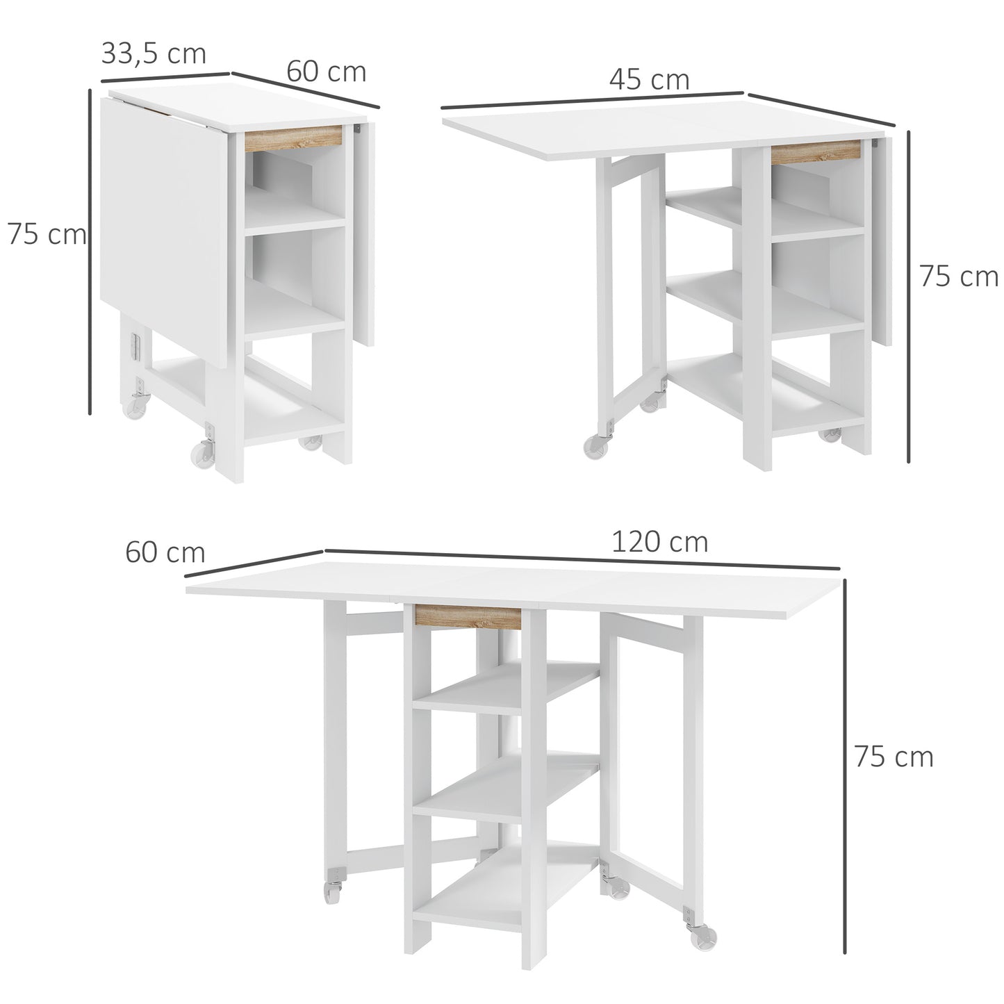 HOMCOM Mesa Plegable con Alas Abatibles Mesa de Comedor Plegable Mesa de Cocina con 2 Ruedas y Estantes Estilo Moderno 120x60x75 cm Blanco