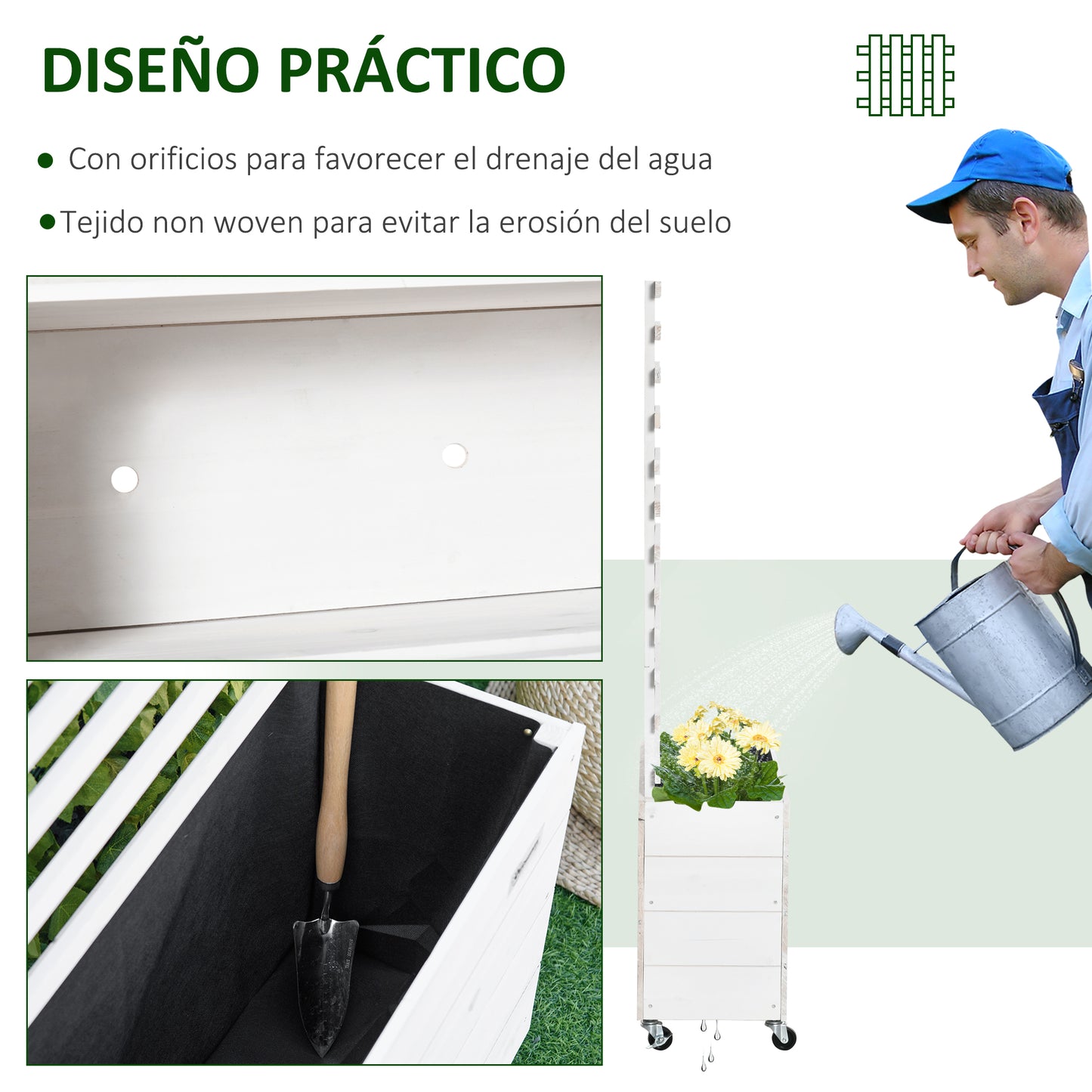 Outsunny Jardinera con Enrejado de Madera Maciza con 4 Ruedas Macetero de Jardín con Soporte para Trepadora y Tela Geotextil para Cultivos Plantas Flores 76x30x155 cm Blanco