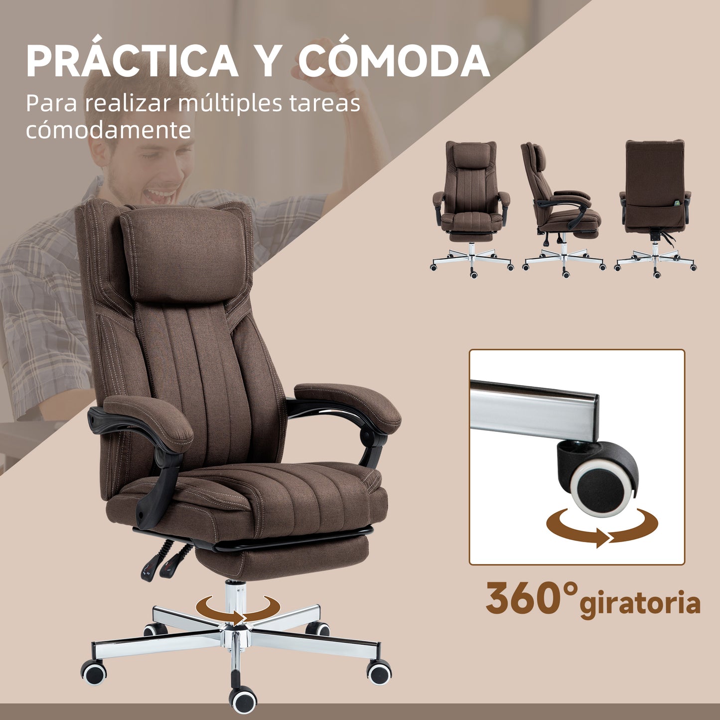 Vinsetto Silla de Masaje con 6 Puntos de Masaje Silla de Oficina Giratoria Silla de Escritorio Reclinable con Altura Ajustable Control Remoto Reposapiés y Reposacabezas Marrón Oscuro