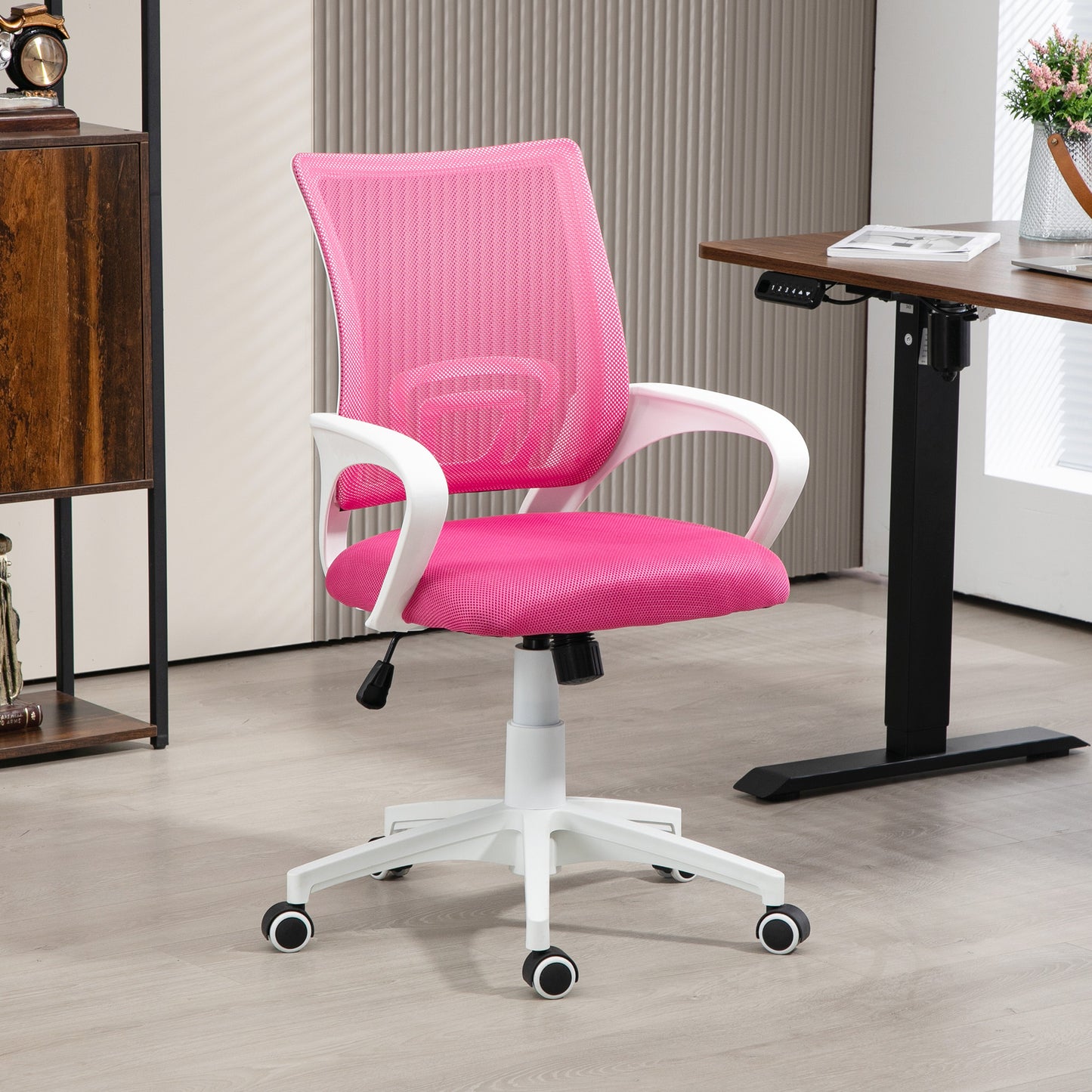 HOMCOM Silla de Oficina de Malla Silla de Escritorio Giratoria con Altura Ajustable Función de Basculante Soporte Lumbar y Reposabrazos Silla para Estudio Carga 120 kg Rosa