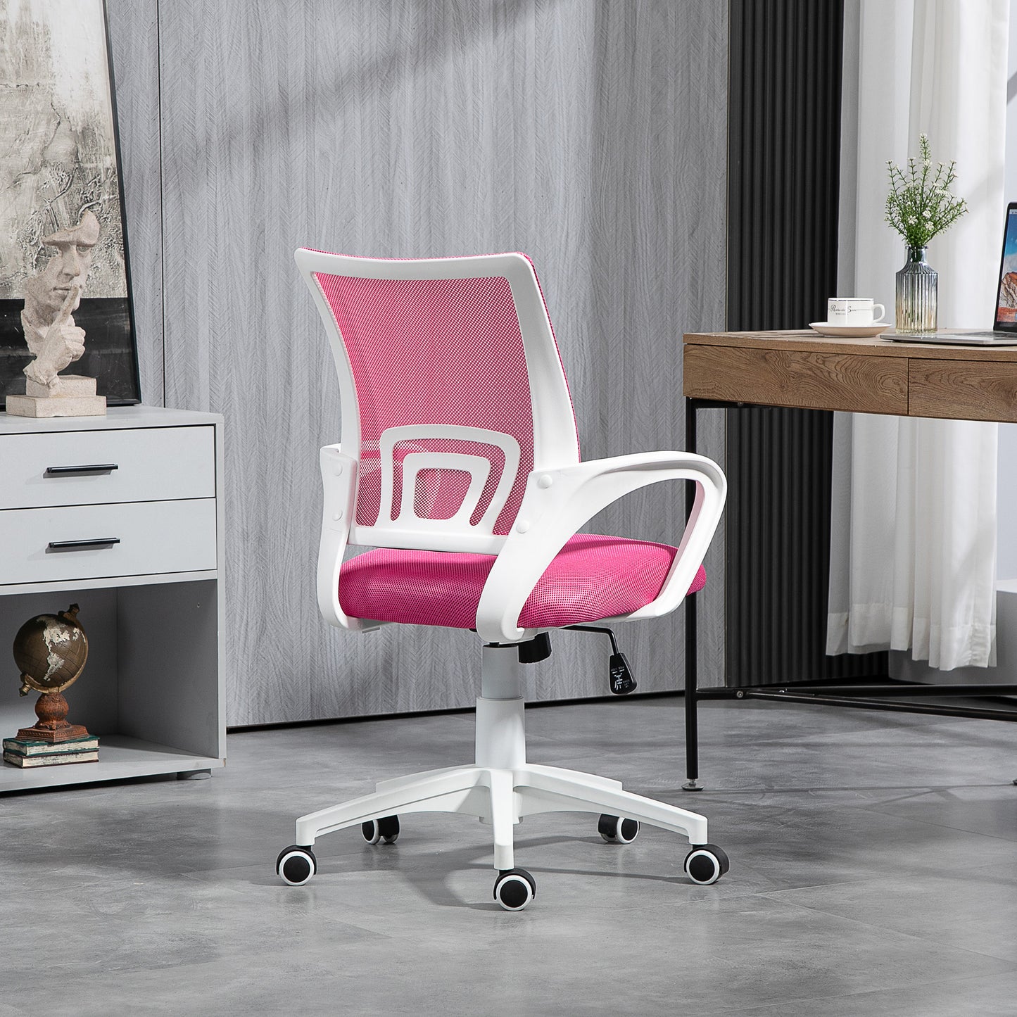 HOMCOM Silla de Oficina de Malla Silla de Escritorio Giratoria con Altura Ajustable Función de Basculante Soporte Lumbar y Reposabrazos Silla para Estudio Carga 120 kg Rosa