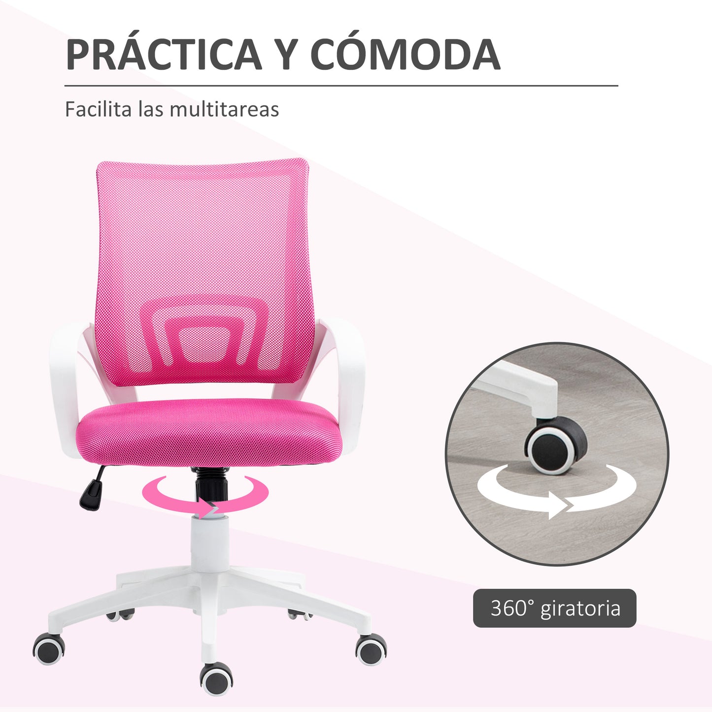 HOMCOM Silla de Oficina de Malla Silla de Escritorio Giratoria con Altura Ajustable Función de Basculante Soporte Lumbar y Reposabrazos Silla para Estudio Carga 120 kg Rosa