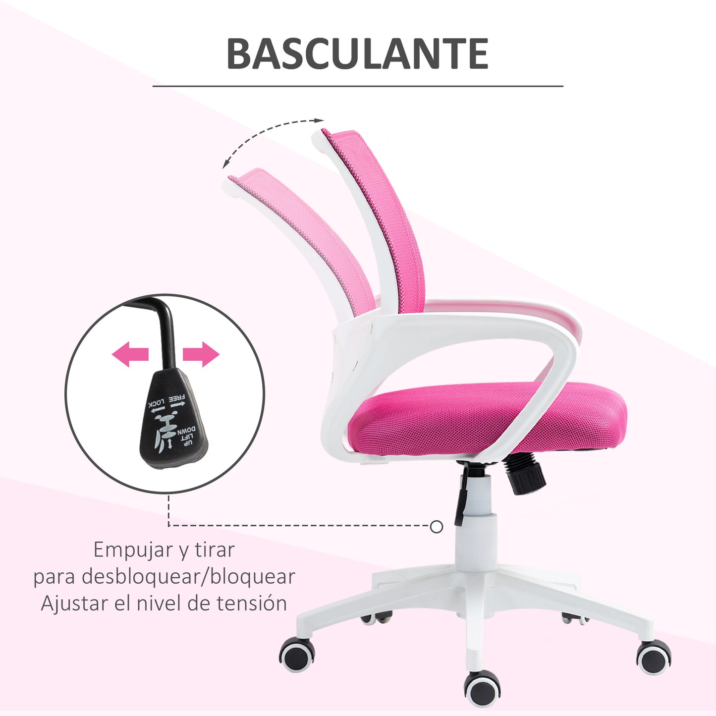 HOMCOM Silla de Oficina de Malla Silla de Escritorio Giratoria con Altura Ajustable Función de Basculante Soporte Lumbar y Reposabrazos Silla para Estudio Carga 120 kg Rosa