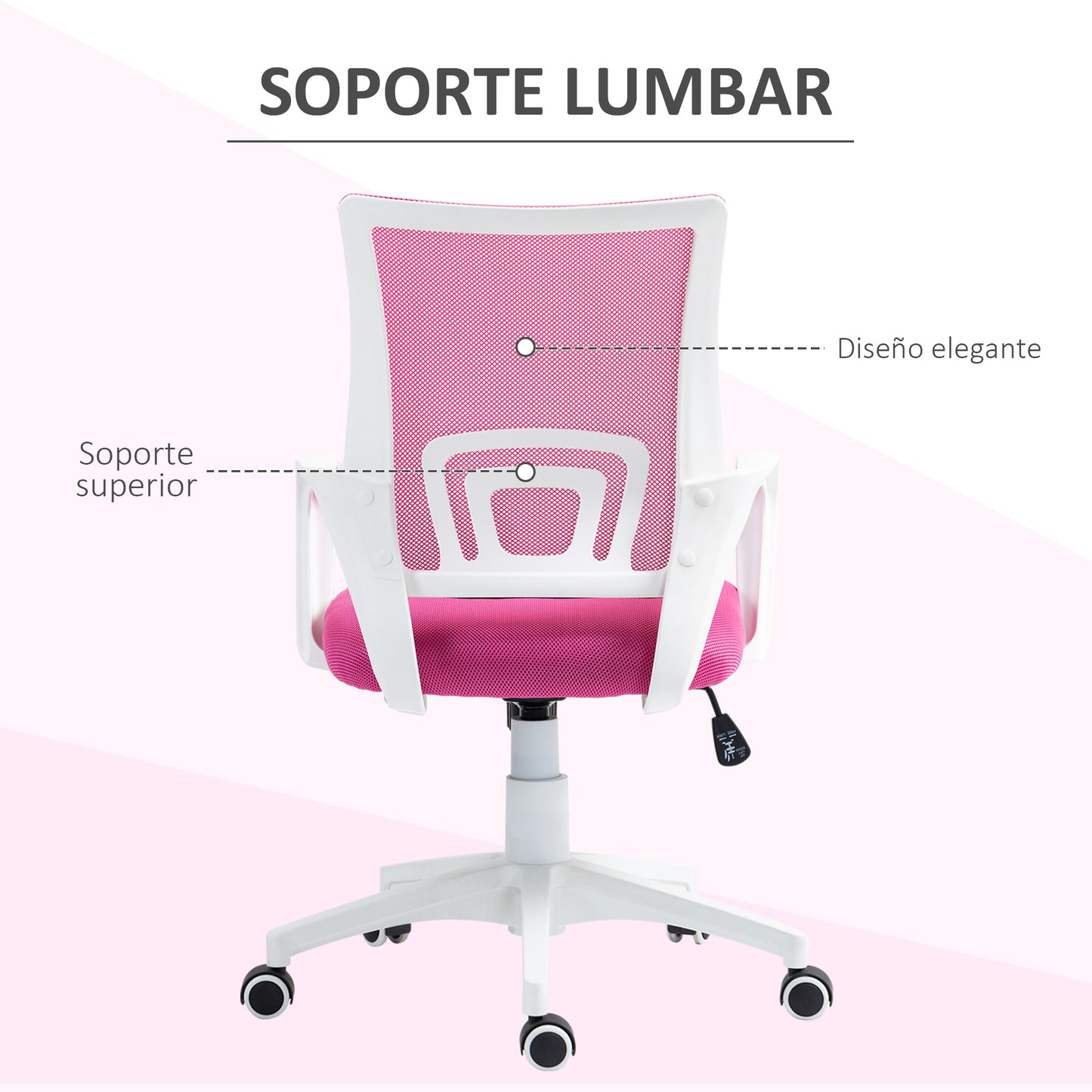 HOMCOM Silla de Oficina de Malla Silla de Escritorio Giratoria con Altura Ajustable Función de Basculante Soporte Lumbar y Reposabrazos Silla para Estudio Carga 120 kg Rosa