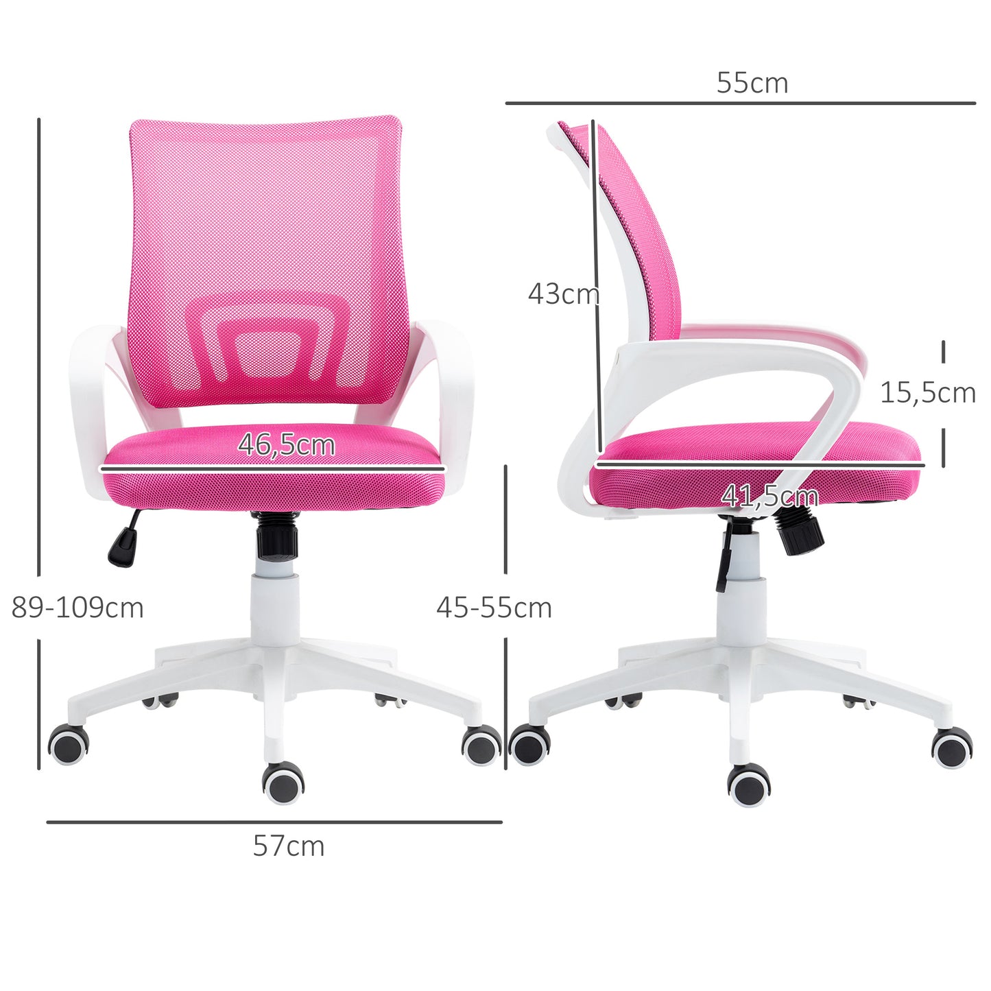 HOMCOM Silla de Oficina de Malla Silla de Escritorio Giratoria con Altura Ajustable Función de Basculante Soporte Lumbar y Reposabrazos Silla para Estudio Carga 120 kg Rosa