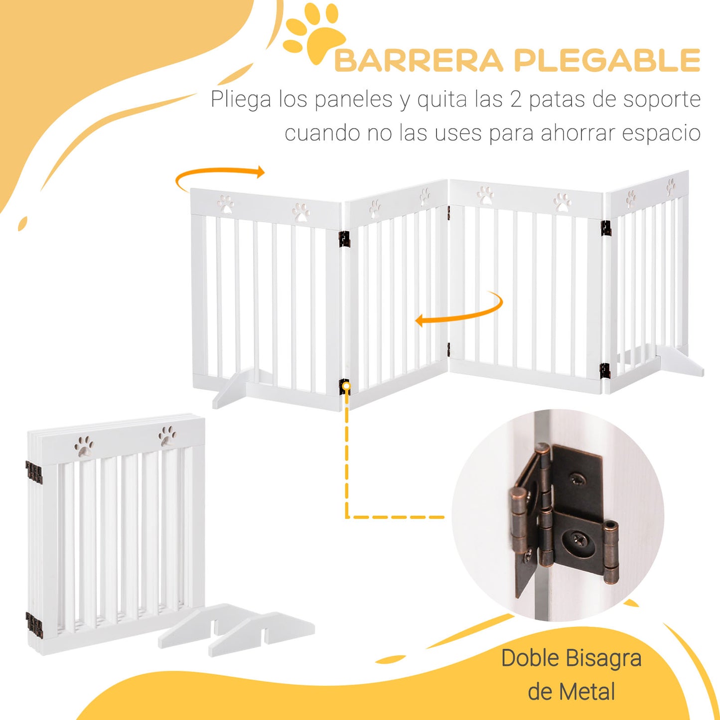 PawHut Barrera de Seguridad Plegable para Perros Reja de Protección de 4 Paneles con Patas para Puertas Escaleras Pasillos 204x30x61 cm Blanco