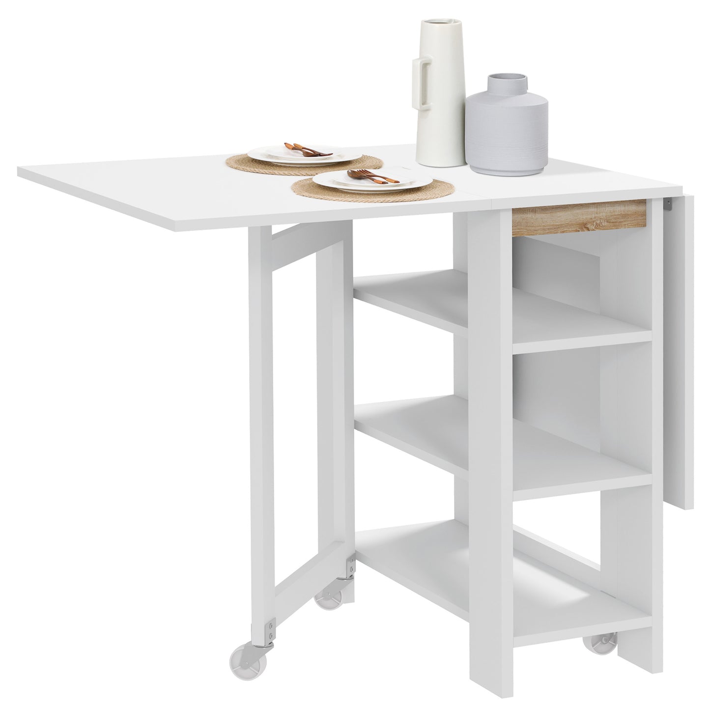 HOMCOM Mesa Plegable con Alas Abatibles Mesa de Comedor Plegable Mesa de Cocina con 2 Ruedas y Estantes Estilo Moderno 120x60x75 cm Blanco