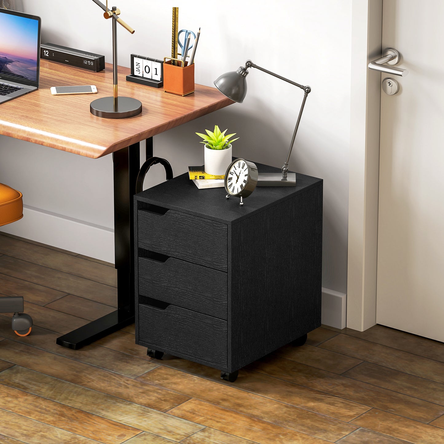 HOMCOM Cajonera de Oficina con Ruedas Mueble Archivador con 3 Cajones Cajonera para Escritorio Estudio 40x50x57,5 cm Negro