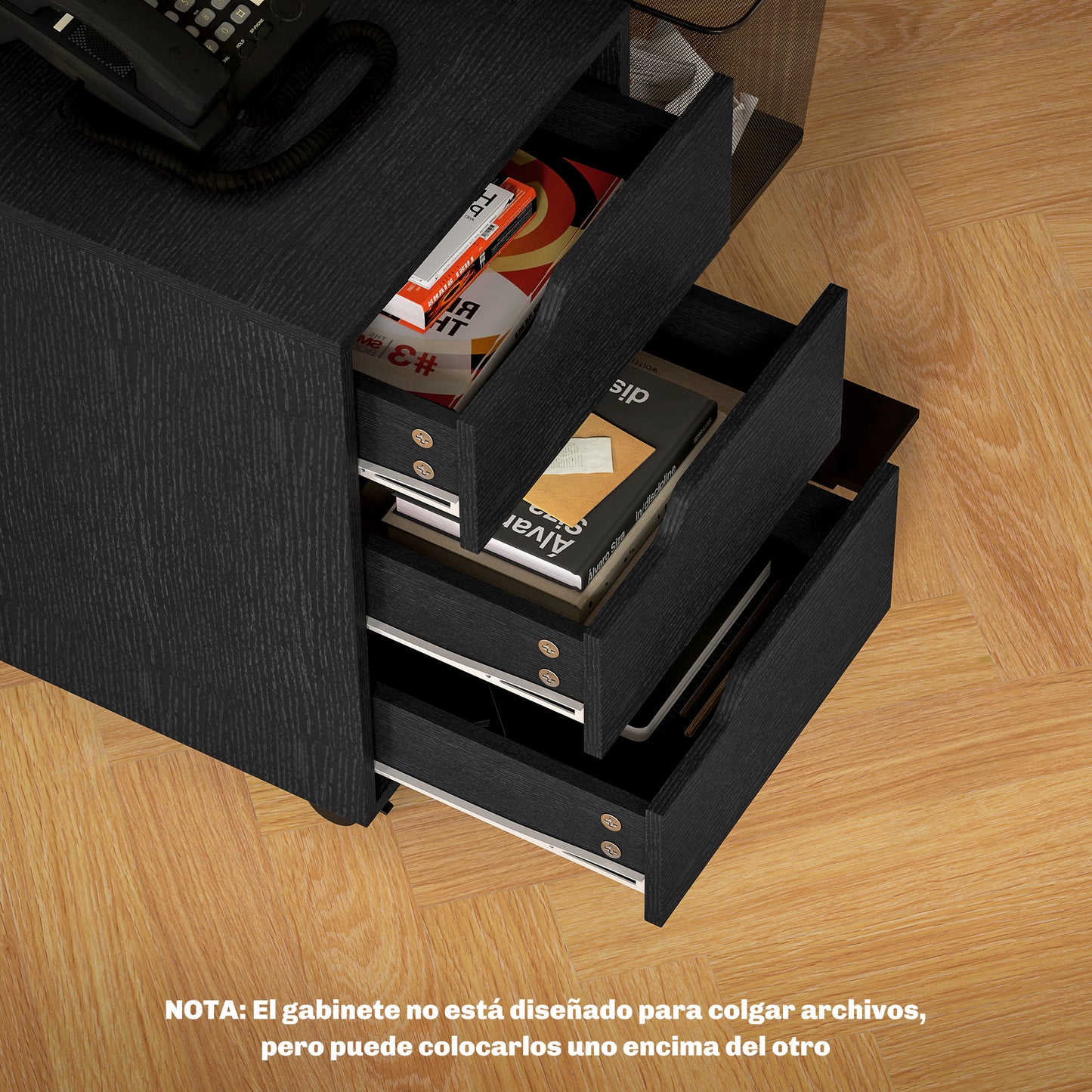 HOMCOM Cajonera de Oficina con Ruedas Mueble Archivador con 3 Cajones Cajonera para Escritorio Estudio 40x50x57,5 cm Negro