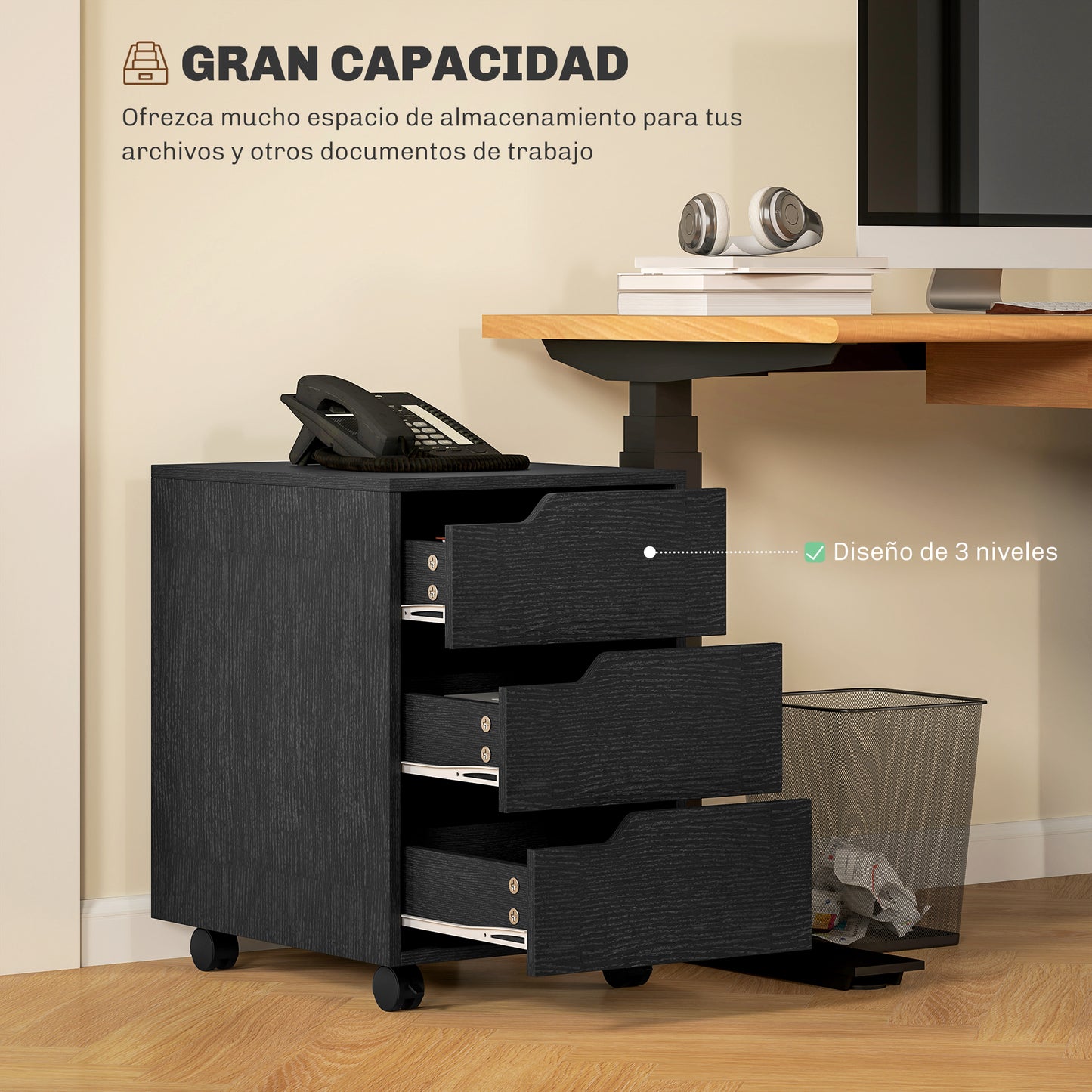 HOMCOM Cajonera de Oficina con Ruedas Mueble Archivador con 3 Cajones Cajonera para Escritorio Estudio 40x50x57,5 cm Negro