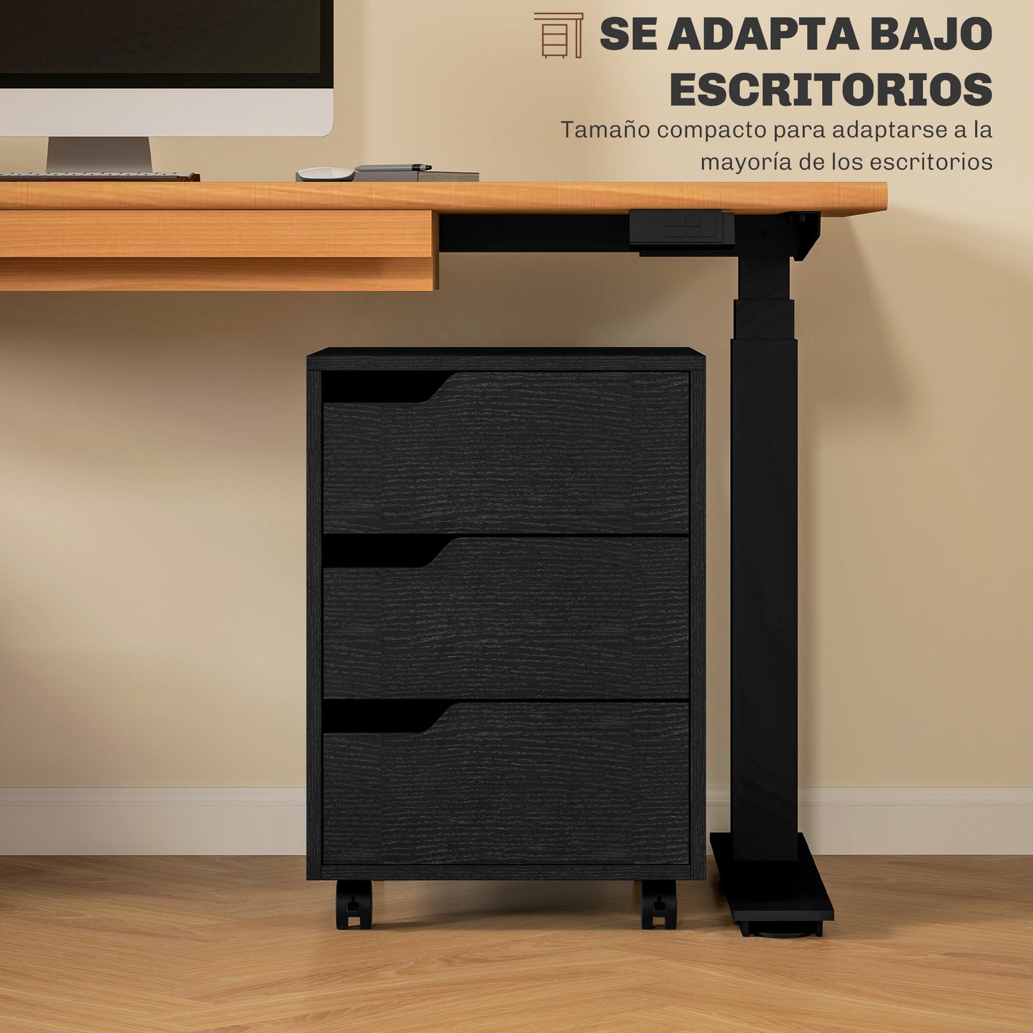 HOMCOM Cajonera de Oficina con Ruedas Mueble Archivador con 3 Cajones Cajonera para Escritorio Estudio 40x50x57,5 cm Negro