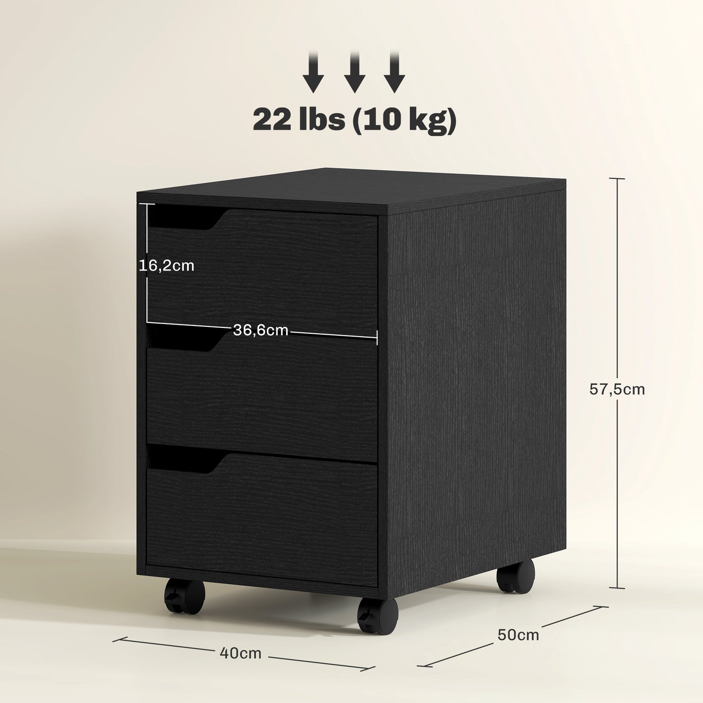 HOMCOM Cajonera de Oficina con Ruedas Mueble Archivador con 3 Cajones Cajonera para Escritorio Estudio 40x50x57,5 cm Negro