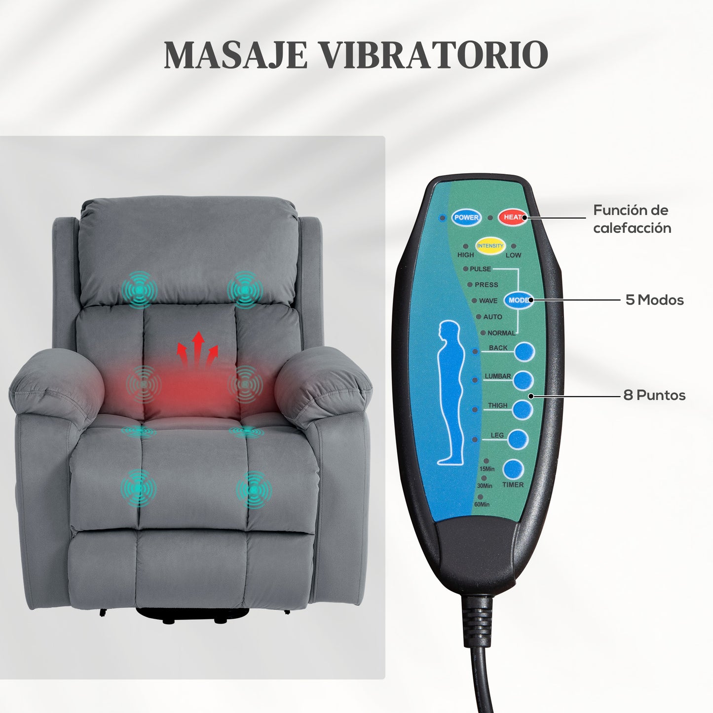 HOMCOM Sillón Relax Levanta Personas Eléctrico Sillón Elevador con 8 Punto de Masaje Sillón Eléctrico Reclinable con Función de Calentamiento Mando a Distancia y Bolsillo Lateral Gris