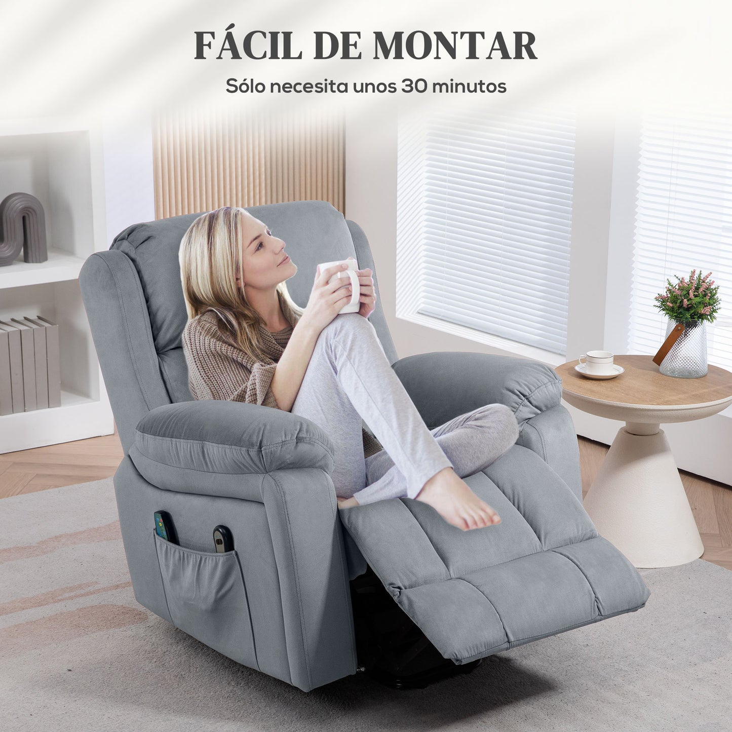 HOMCOM Sillón Relax Levanta Personas Eléctrico Sillón Elevador con 8 Punto de Masaje Sillón Eléctrico Reclinable con Función de Calentamiento Mando a Distancia y Bolsillo Lateral Gris