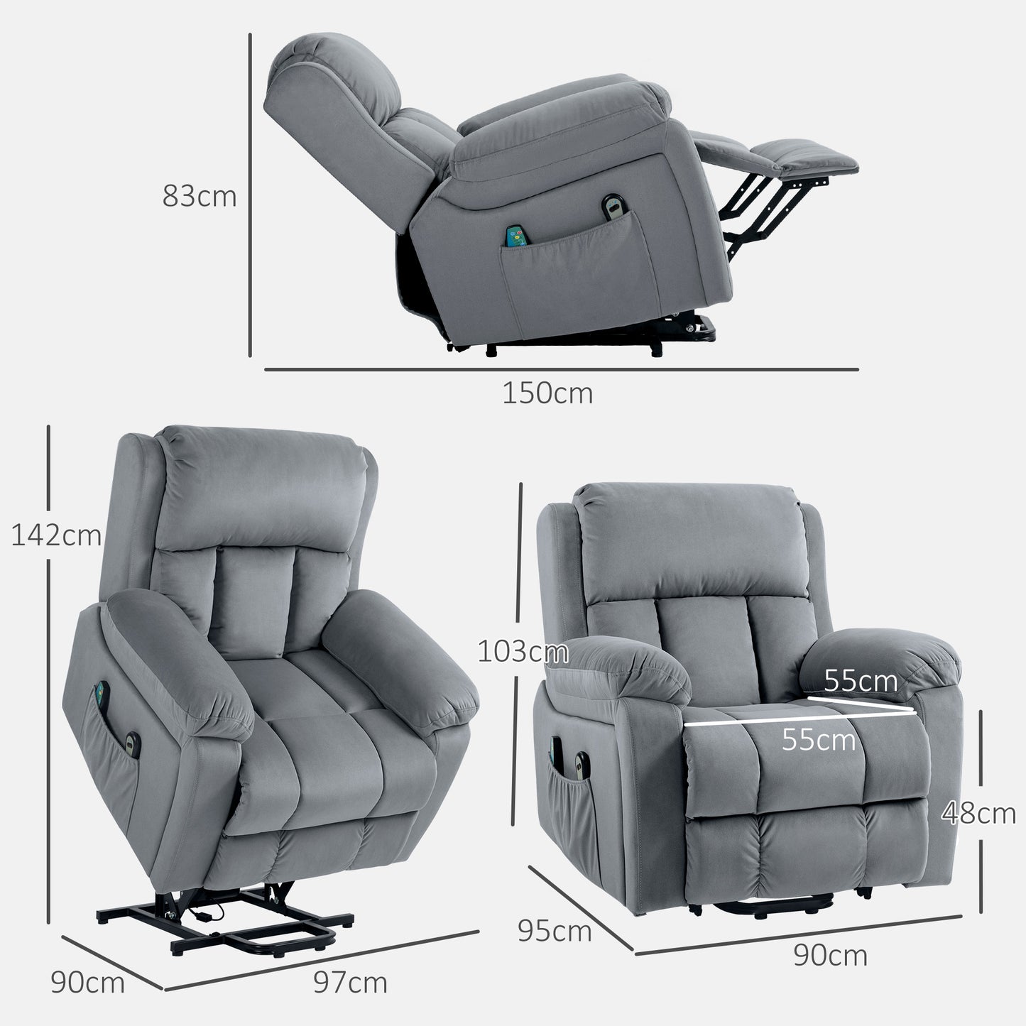 HOMCOM Sillón Relax Levanta Personas Eléctrico Sillón Elevador con 8 Punto de Masaje Sillón Eléctrico Reclinable con Función de Calentamiento Mando a Distancia y Bolsillo Lateral Gris