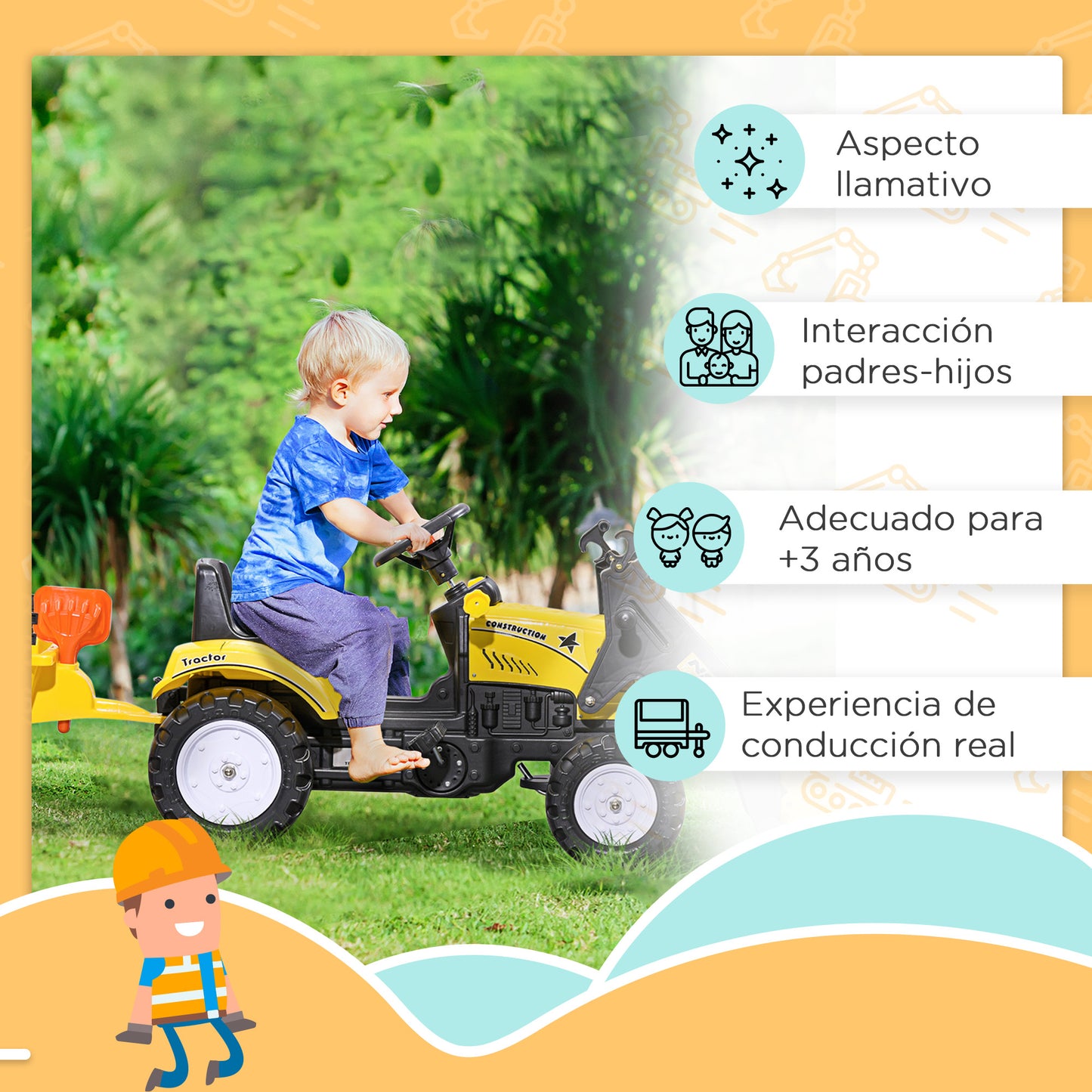 HOMCOM Tractor a Pedales para Niños de 3 Años Excavadora Infantil Juguete de Montar con Remolque Extraíble y Pala Delantera Carga 35 kg 167x41x52 cm Amarillo