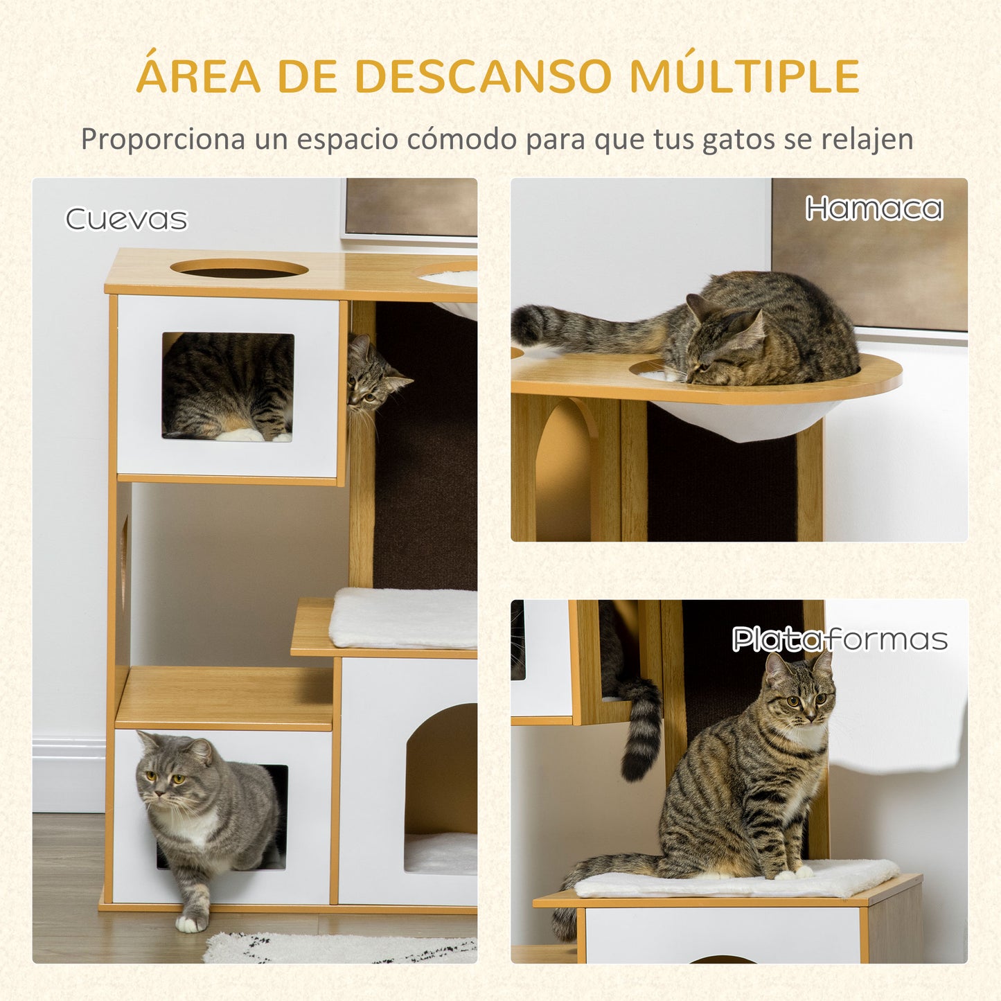 PawHut Árbol Rascador para Gatos Altura 92,5 cm Torre para Gatos con 3 Casetas de Madera Cojines Lavables Tabla de Rascador y Hamaca 76x37x92,5 cm Roble